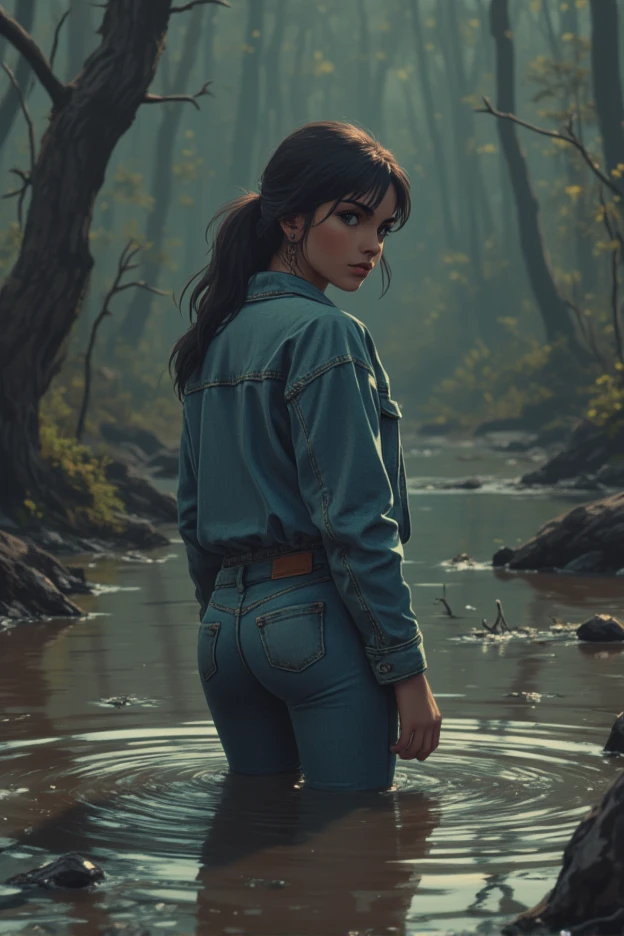 a woman wearing a denim jacket and jeans, turned back posing, sinking in a sludge swamp, artistic posing, highly detailed, photorealistic, dramatic lighting, cinematic composition, moody atmosphere, vintage aesthetic, intricate details, rich textures