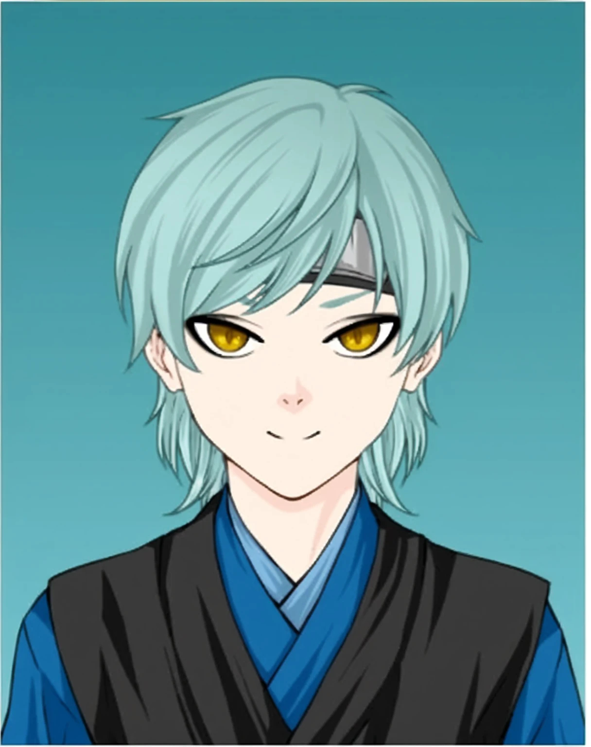 An anime-style character with messy shoulder-length light blue hair, wearing a traditional outfit of a blue shirt and black overcoat. He has golden eyes that exude confidence and calm, with a black headband tied around his forehead, reminiscent of a warrior or ninja. The background is a simple light blue gradient, emphasizing his calm but determined demeanor.