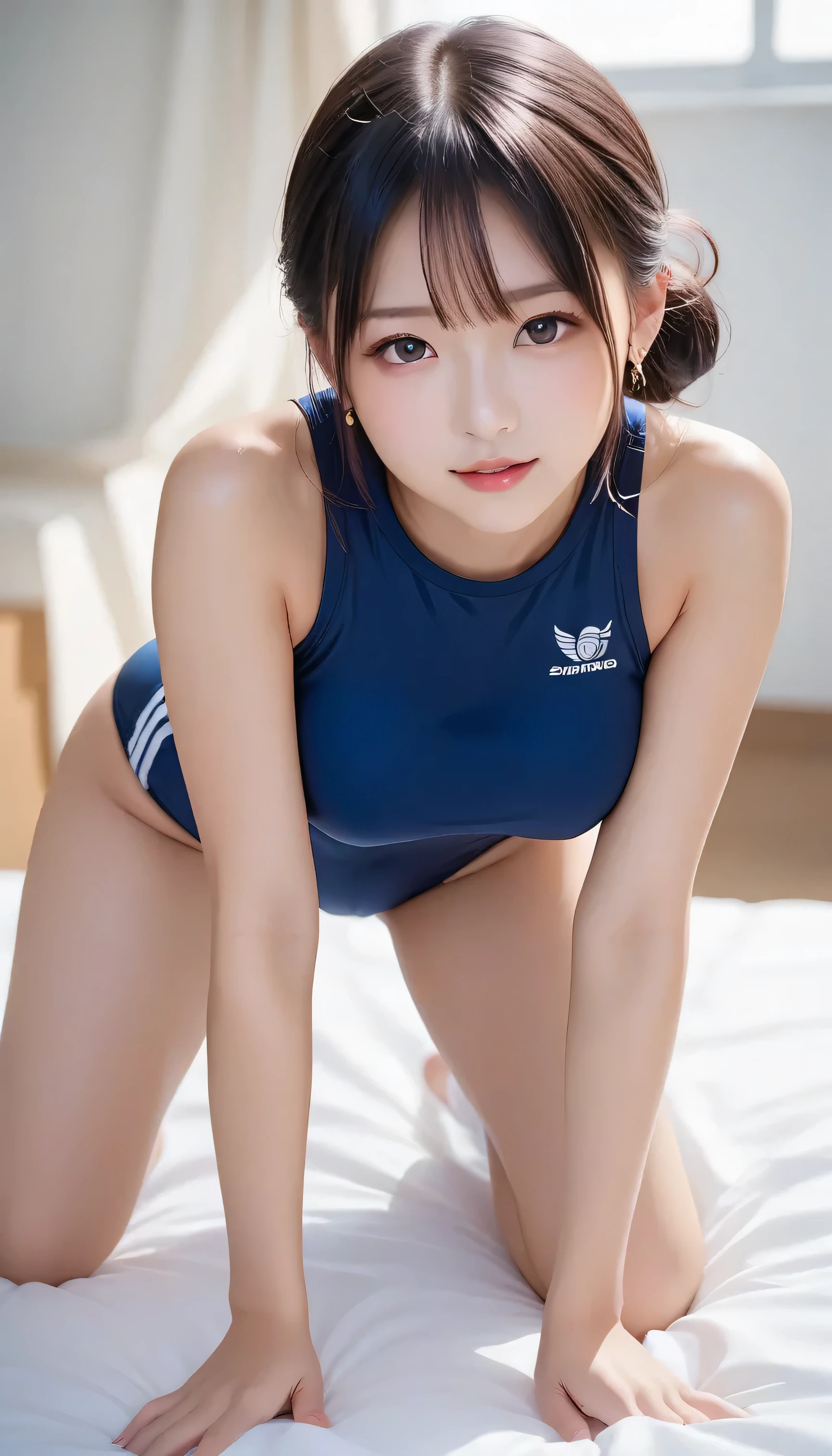 score_9, score_8_up, score_7_up, super detailed, Hausmo style , 32K, Breakfast Masterpiece , top quality, super high definition ,nsfw, official art,Big Breasts、 on all fours, トップダウン・ボトムup, split leg forward bend, Angle from behind 、 SCHOOL SWIMSUIT