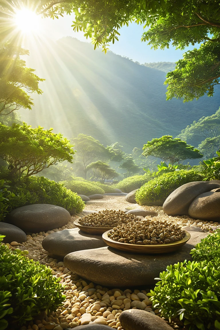 The scene opens underground, where a precious piece of Agarwood lies hidden amidst fertile soil, surrounded by glistening feng shui stones. Gentle rays of light penetrate from above, reflecting off the stones and creating a harmonious blend of natural beauty and spiritual energy. The stones appear to transmit vitality to the Agarwood, helping it and the surrounding herbs produce drops of precious oil, distilled from the strength of nature.
Above, the vast blue sky continues the story of Mother Anna—gentle yet resilient—providing protection to both nature and humanity. Golden sunlight beams pierce the atmosphere, forming a connection between the heavens and the earth, symbolizing harmony between humans, nature, and positive energy.
The Nha Trang - Khanh Hòa beach is depicted with its iconic features: the vast ocean, lush green mountains, and people living in harmony with nature.
