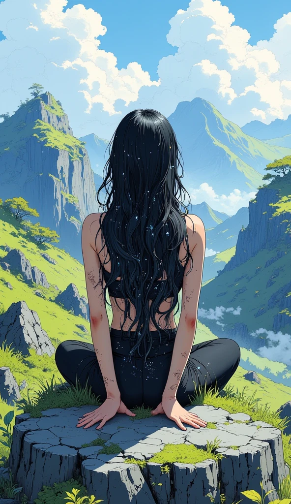  A beautiful young Korean woman .
 Long black hair down to her feet , Colored glitter .
 She is dressed in a sportswear .
 She is on top of a rocky and grassy mountain sitting in a lotus position admiring the sky.
Shimmering blue sky . 
 A valley at the bottom of the mountain .
scene seen from behind  