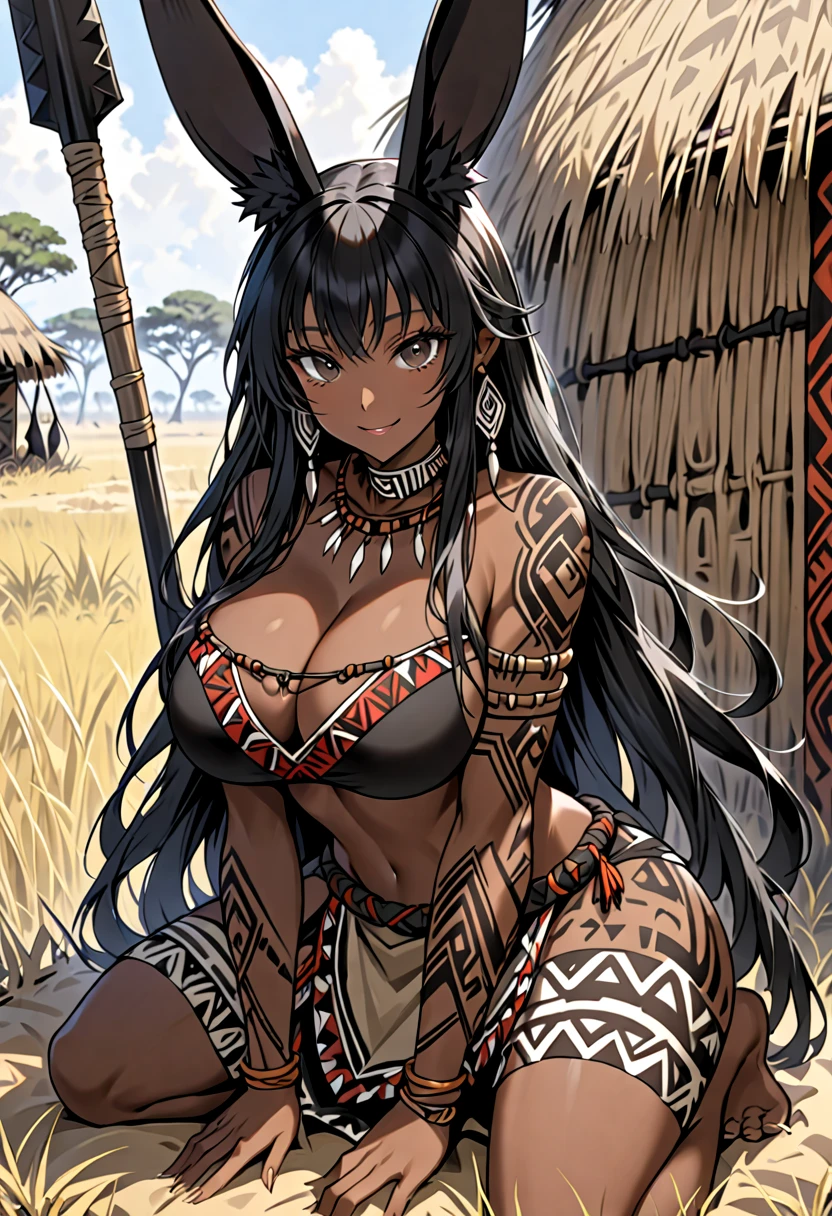 female, huge black rabbit ears, floppy black rabbit ears, dark skin, black hair, very long hair, braided hair, huge breasts, tribal clothes, tribal tattoos, sackcloth clothes, thick thighs:0.4, teasing smile, kneeling, savannah, hut, spear, black eyes, abs, bare midriff, cleavage, heaving breasts, close up, from the waist up, looking at viewer, black rabbit tail, huge fluffy black rabbit tail