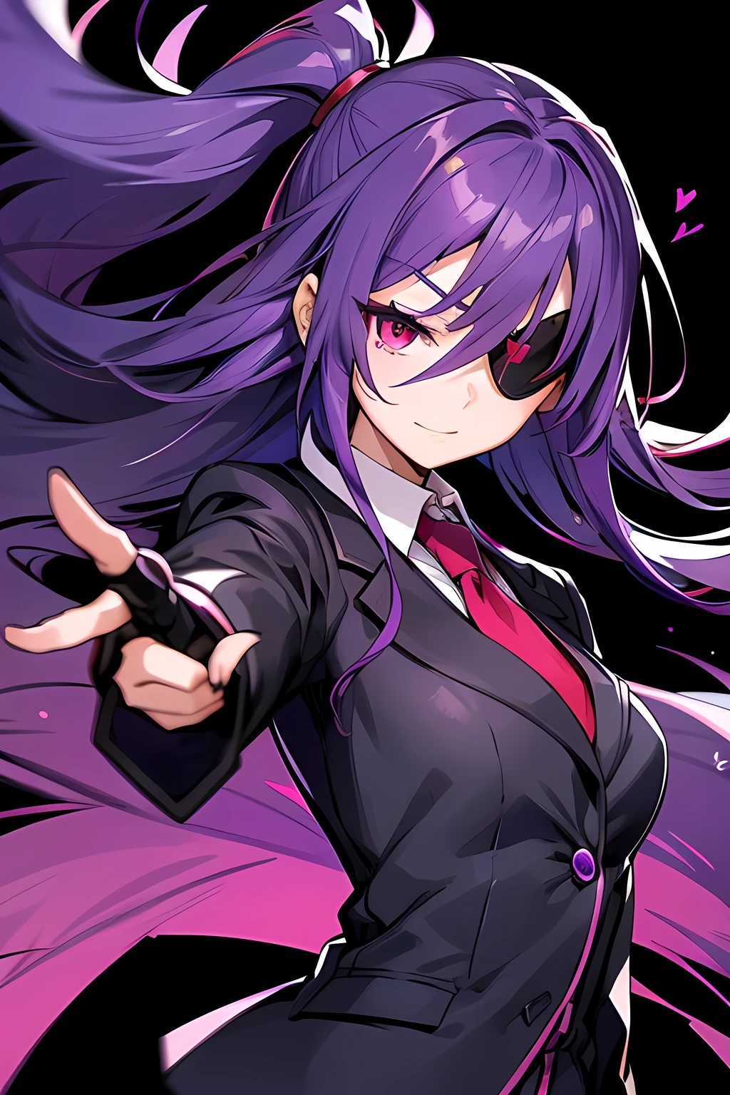An 18-year-old woman 、 purple hair、 long hair、 red eyes、Eyepatch covering left eye、 in a blazer in a school uniform 、 wind blows、Laugh fearlessly、 Fighting Poses、 black background、 right oblique front view、 Anime Style、 Highest Masterpiece。