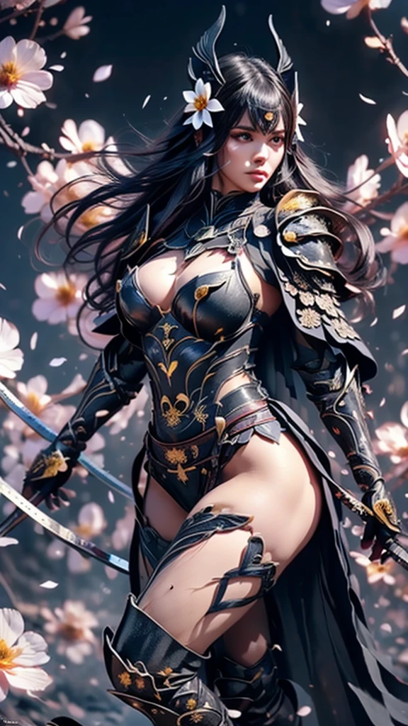 {best quality}, {very aesthetic}, {ultra-detailed}, nsfw, (( opposed))、 sexy female character wearing black armor as a warrior from the Sengoku period 、((realistic))、((long, flowing hair))、((dark brown hair ))、((toned body))、(glistening skin)、 tight body、((mega breasts 1.8))、 plump breasts 、 plump thighs 、 black armor with a viola flower pattern engraved on it、((underboob))、(  wear a cape with a viola flower pattern )、(drape skirt)、 black shin guard with a black viola flower engraved on it、Black high-leg underwear 、Black tights、 absolute domain、(holding katana)、Dramatic lighting、Brilliant sunrise、 on top of the hill、((Black flowers are dancing ))、((Black flowers in full bloom are blooming in the background ))、(( Large black flowers in full bloom are blooming on the front))、 cinema-like scene 、 Max Image、 Ultra High Definition、8k、masterpiece、crisp quality、