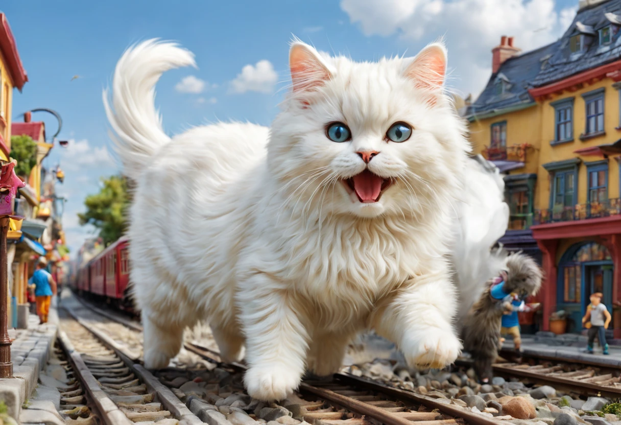 A giant cat is running amok in a miniature town,Cat lifting a train,big cat:cute:fluffy:超cute:big size,diorama:Line:train,ultra joyful,happy,happiness,destroy and play,Diorama and cat,masterpiece,The best masterpiece,A wonderful photo that makes the viewer feel happy,anatomically correct,structurally correct,cool lighting,perfect composition,best configuration,rich colors,Cast colorful spells,intricate details,in detail,fantasy,reality,Fluffy cat,Super cute cat,wonderful,cat is too big,the city is too small,minuet