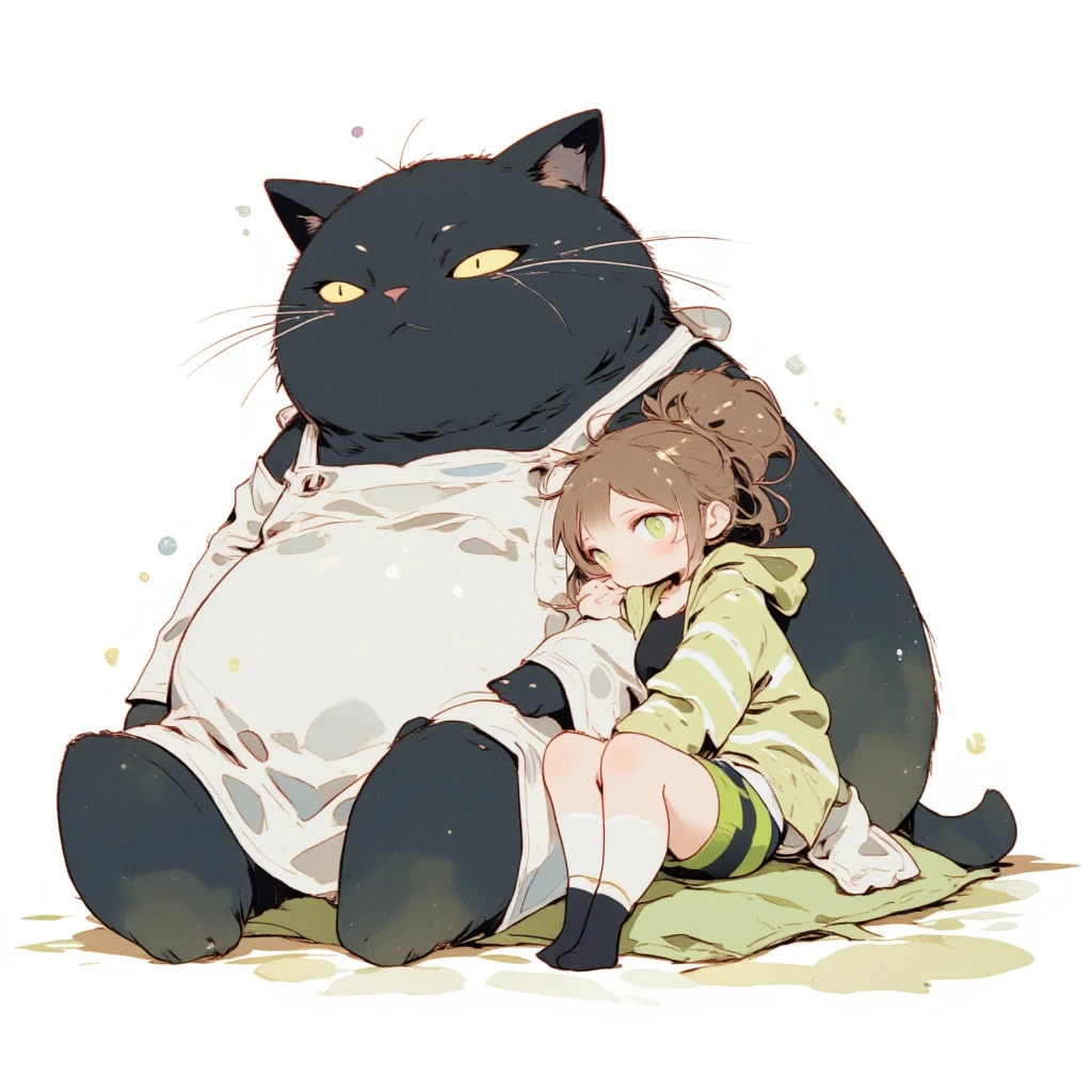 Watercolor painting illustration, full body, A big-black-cat and A cute-young-girl are sitting on cushion, A big-black-cat is 1cat\(A fat furry male black cat, wearing a white apron with long sleeves, His Ears tilted back and spread out to the sides, drooping ears, Slit yellow eyes, slit eyes, slit yellow eyes\), A cute-young-girl is 1girl\(brown hair, asymmetrical hair, updo, Lime Green eyes, A light green horizontal striped open-front hoodie over a black camisole, Light green striped shorts, White thigh high socks, wariza\), simple white background