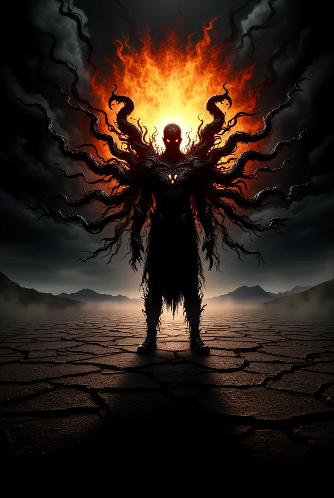 A sinister ((masterpiece)) ((photography)) ((Highest quality))  depiction of a man standing in a dark, deserted wasteland with a single intense light source behind him, resembling a burning sun. The light casts his shadow forward onto the arid, cracked ground, but instead of a typical shadow, the silhouette reveals a vivid hellish scene within: roaring flames, writhing demons with grotesque features, and swirling darkness. Outside the shadow, the environment remains stark and barren, with only dry, desolate earth and a horizon shrouded in ominous gloom, enhancing the contrast between the haunting inferno within the shadow and the emptiness outside.

