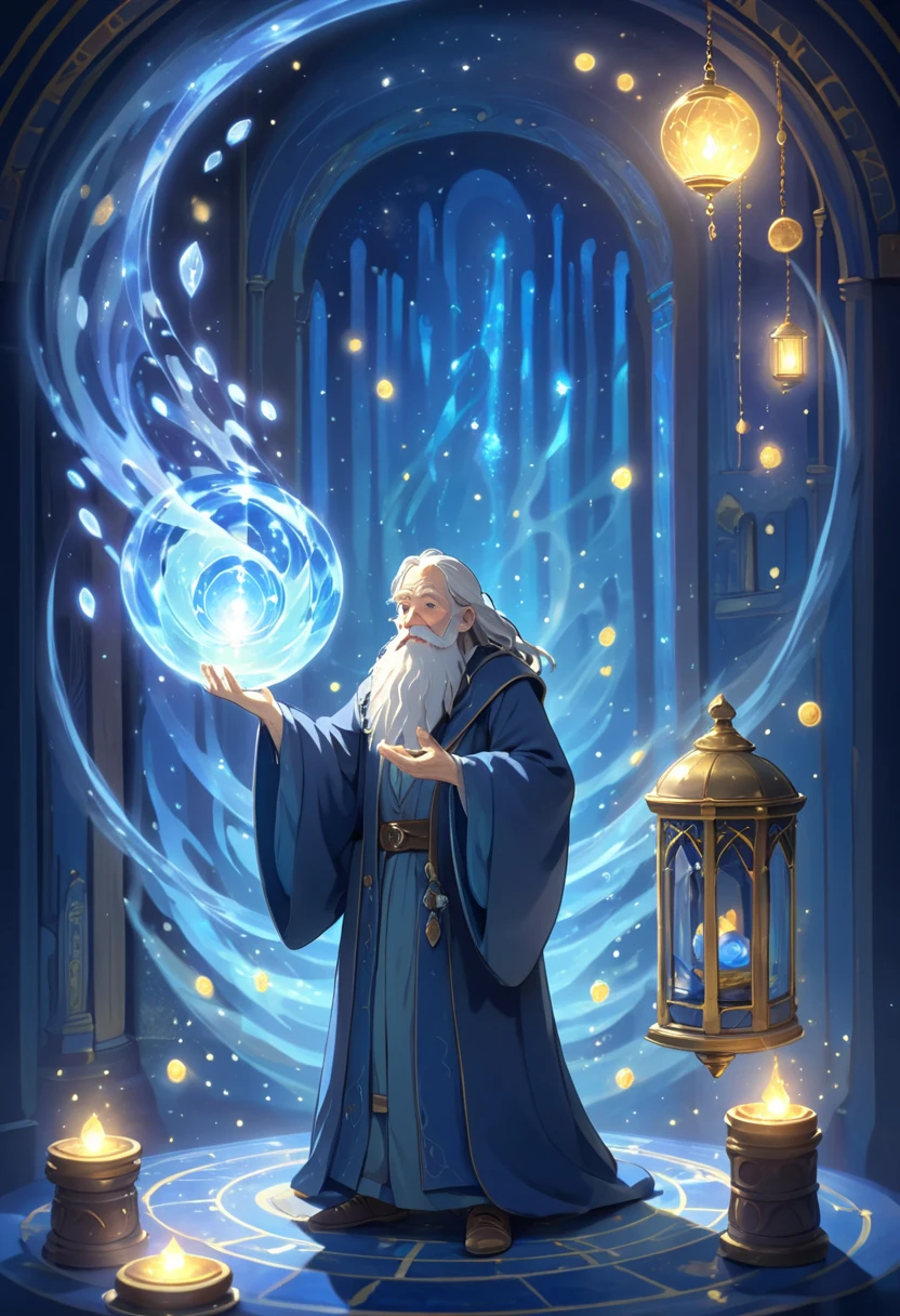 hermit,elder,Grandfather,A mystical chamber scene, anime style. A large floating sapphire radiating deep blue light. The Hermit tarot card character manifesting from swirling light, holding a glowing lantern. Stars falling from the ceiling. The Page of Pentacles standing nearby with two golden coins. Magical atmosphere, ethereal lighting, studio ghibli inspired art style. Soft blue color palette, dreamy quality.