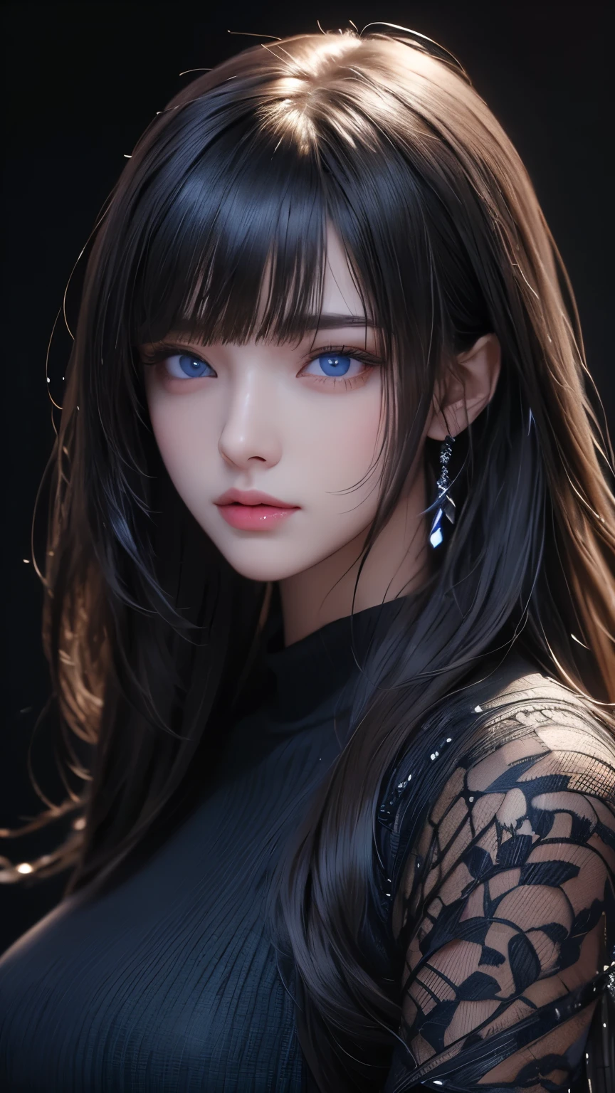 masterpiece, highest quality, Super detailed, Facing the camera, Super detailed, Realistic, Sharp features, Very detailed, Sharp focus, Perfect Face, Perfect Face, Perfect symmetrical perfect eyes, Perfect Plump Lips, Flexible female form, Cinematic, Film Light, Super detailed, hyper Realistic, masterpiece, Atmospheric, High resolution, Vibrant, Dynamic Studio Lighting, ((Dark Background)), The expression when enduring pleasure, Straight bangs, blue eyes,Black sweater, Cowboy Shot,The cleavage is visible、first round、Sexually aroused expression