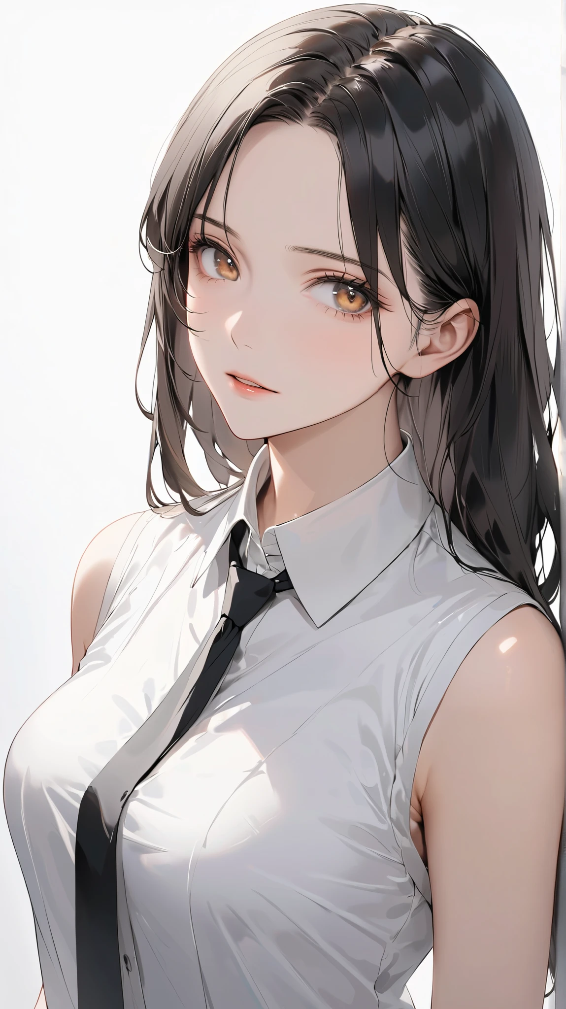 semi realistic, Masterpiece, Master work, perfect , 4k, 1woman, mature body, slim body, medium size breast, straight half body long hair, middle parted hair style, large forehead, black colored hair, pointed eyes, golden eyes, NO expression face, parted lips, calm expression face, wearing sleeveless tuxedo, wearing buttoned shirt, wearing tie, wearing formal trousers, standing pose, empty background, white background, high res, ultrasharp, 8K, masterpiece, looking at the viewer (masterpiece), best quality, expressive eyes, perfect face