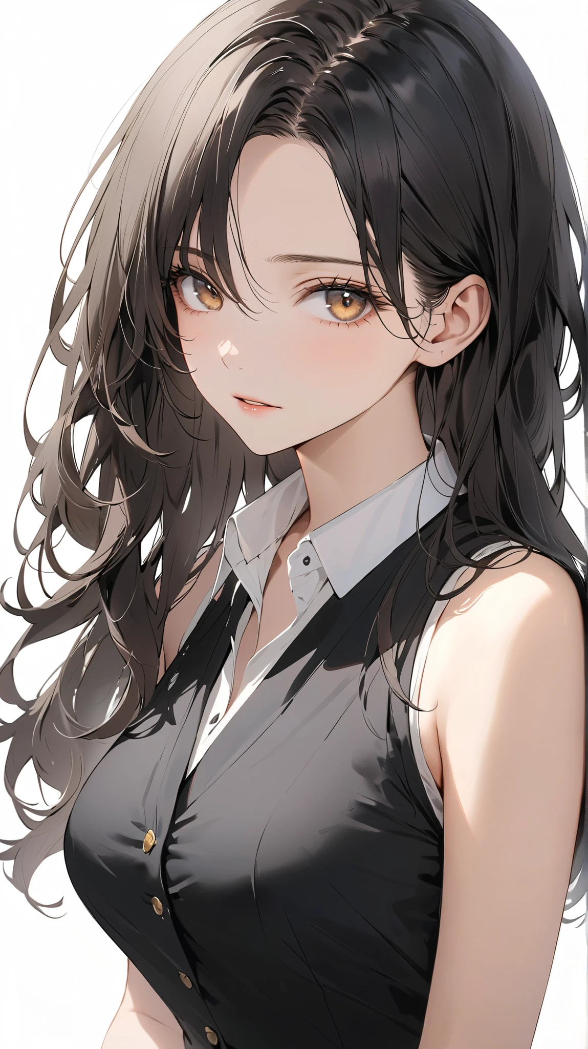 semi realistic, Masterpiece, Master work, perfect , 4k, 1woman, mature body, slim body, medium size , straight half body long hair, middle parted hair style, large forehead, black colored hair, pointed eyes, golden eyes, NO expression face, parted lips, calm expression face, wearing sleeveless tuxedo, wearing buttoned shirt, wearing tie, wearing formal trousers, standing pose, empty background, white background, high res, ultrasharp, 8K, masterpiece, looking at the viewer (masterpiece), best quality, expressive eyes, perfect face