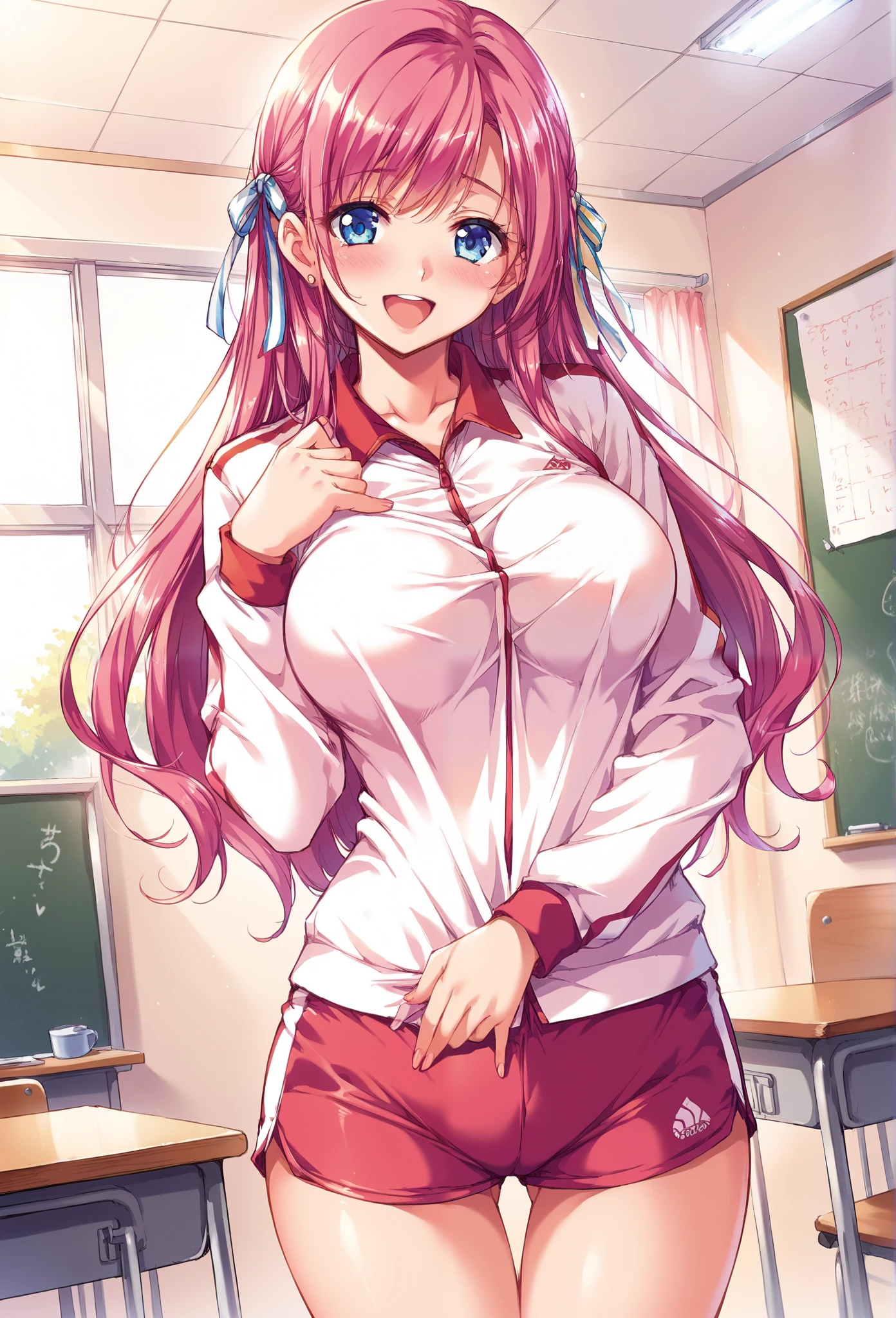 score_9, score_8_up, score_7_up, 1girl, pink hair, long hair, blue eyes, teacher, sport suit, short pant, smile, happy, shy, solo, sexy and curvy body, mid thigh, adult