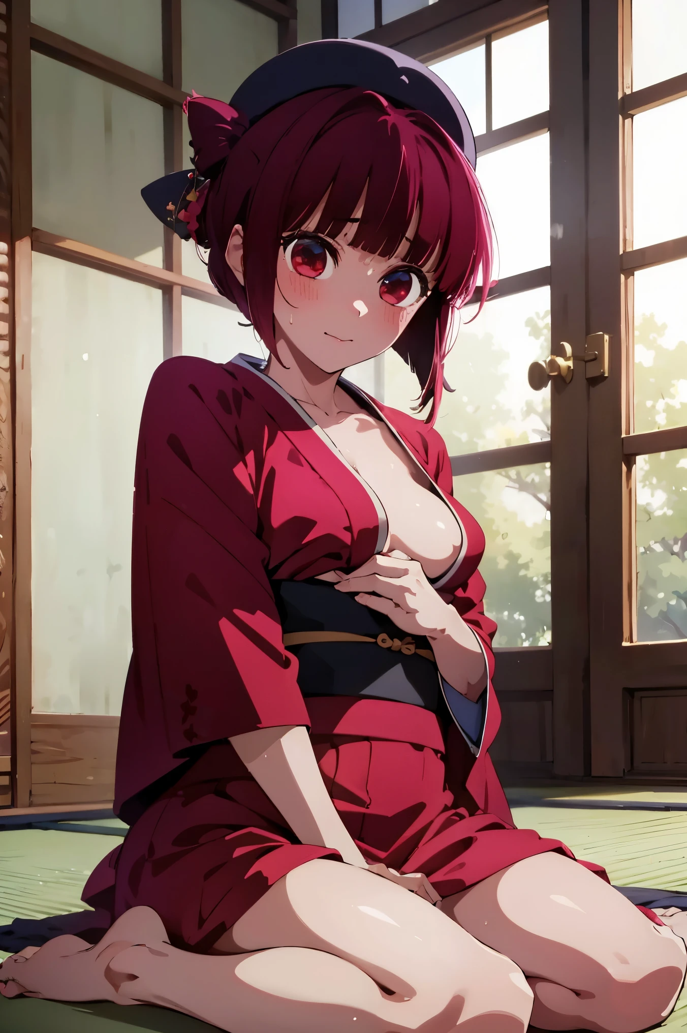 mastute piece,Best Quality,insanely detailed,8k cg,nsfw,
shoot upper body,(body in front:1.1),
1girl,standing,looking at viewer,Proudly、(upright:1.3),(transparent red kimono),
break,blush,shy,(trembling:1.2),break,(Red color hair),(large breasts),Short:1.2、(open mouth:0.9),(Japanese-style room),