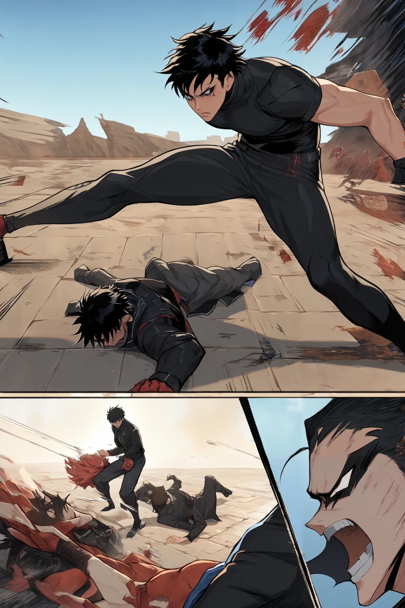  male character,  hair A black , Black outfit, blue sky scenery, Fighting a demon,(HD), (lots of details), manga, comic book style, fighting poses ,(Perfect anatomy).In the second frame the character is lying on the floor injured, (details)