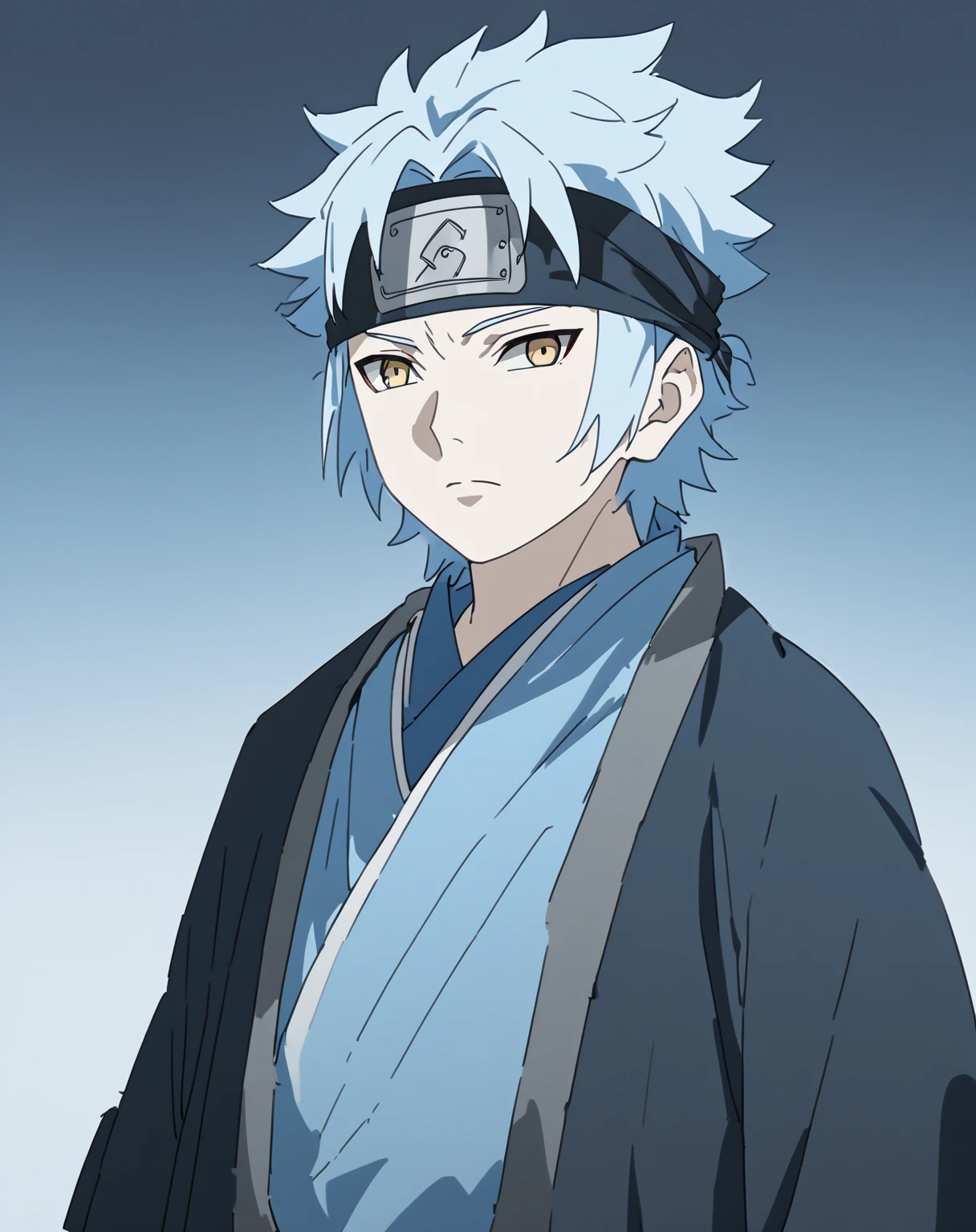 An anime-style character with messy shoulder-length light blue hair, wearing a traditional outfit of a blue shirt and black overcoat. He has golden eyes that exude confidence and calm, with a black headband tied around his forehead, reminiscent of a warrior or ninja. The background is a simple light blue gradient, emphasizing his calm but determined demeanor.