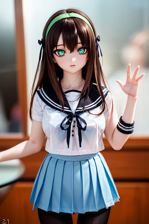 Doll、Doll、delicate、detailed、high quality、High resolution、4hair、high quality、long Hair、long hair、Brown Hair Color、Turquoise Eyes、uniform、high school student、、Sailor suit、Ultra-mini pleated skirt、Navy Blue Skirt、loose socks、Pure white panties、Shiy fabric、Sitti the floor、Wet crotch、Mirror floor、A person is reflected in the mirror