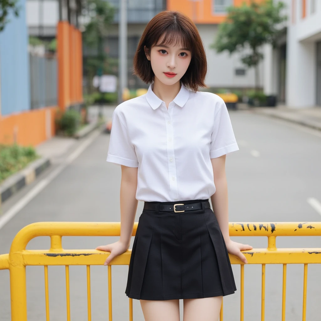 a Thai woman with short brown hair, wearing a short black skirt and belt, showing her sexy thighs, wearing a white shirt short sleeves six white buttons, is standing in front of a yellow metal barricade. She is smiling, with a slight smile on her face. In the background, a building and road, adding a pop of color to the scene.