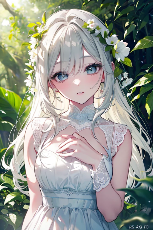 Beauty God,mediating,Blush,White color hair,Dark green pupils,Plain white long dress,Green leaves and white flower heads,detail in face,The cleavage protrudes,Small breasts,a sense of atmosphere,sideface