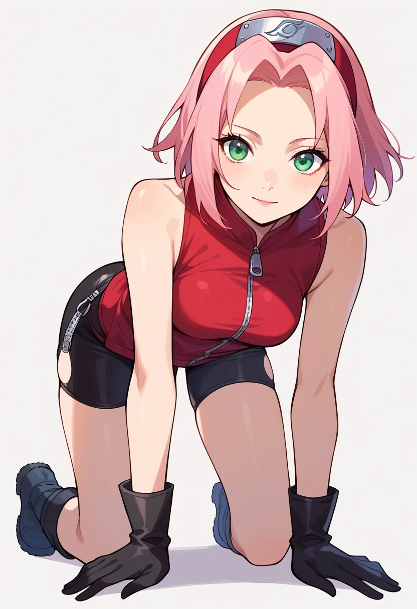 Sakura Haruno,  sexy,  stand on all fours,  short hair,  green eyes,  pink hair,  split bangs ,  headband, Forehead protector,  gloves,  green eyes,  sleeveless, black  gloves,  red shirt, zipper,  boots,  bike shorts that are close to face, zipper,  Topless footwear  , Slender, thin.  sexy,  stand on all fours on her elbows.