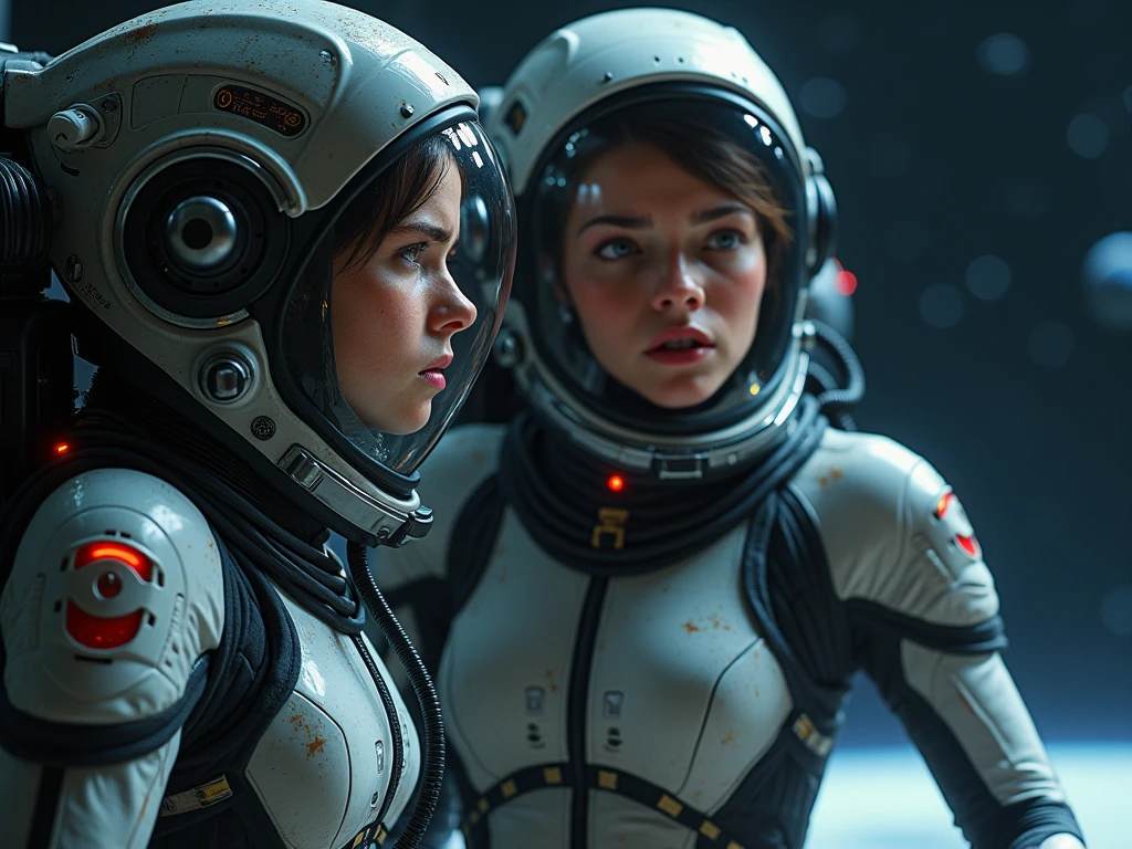 Two women in spacesuits stand next to a man in a space suit, Retro Sci - Imagem de FI, 1 9 6 0's sci - fi, 7 0's vintage sci - estilo fi, Elle Fanning como um androide, retro science fiction film, 7 0 s science fiction, Retro Sci - Science fiction film, 1 9 7 0's sci - fi movie