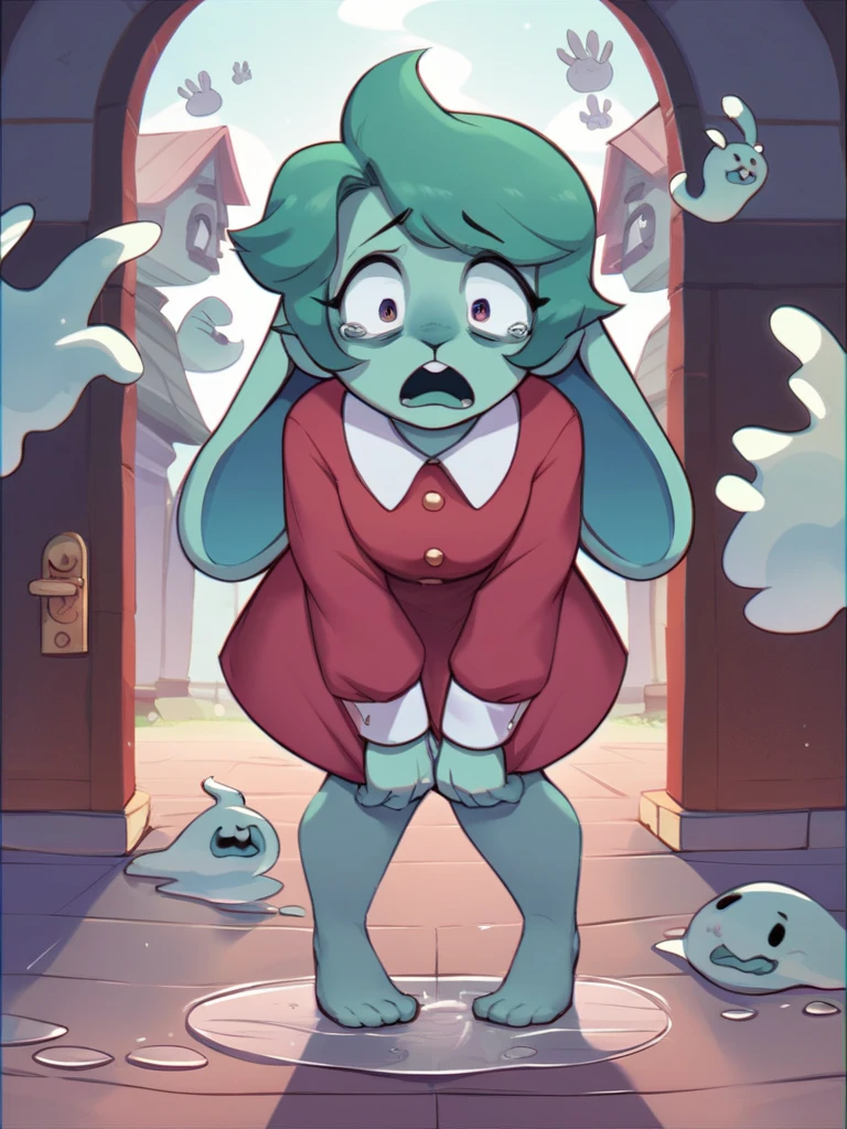 A slime girl (Christna Hendricks, age 25, translucent, made of green slime) has snuck onto a woman's bedroom and is trying on clothes. Slime foot prints