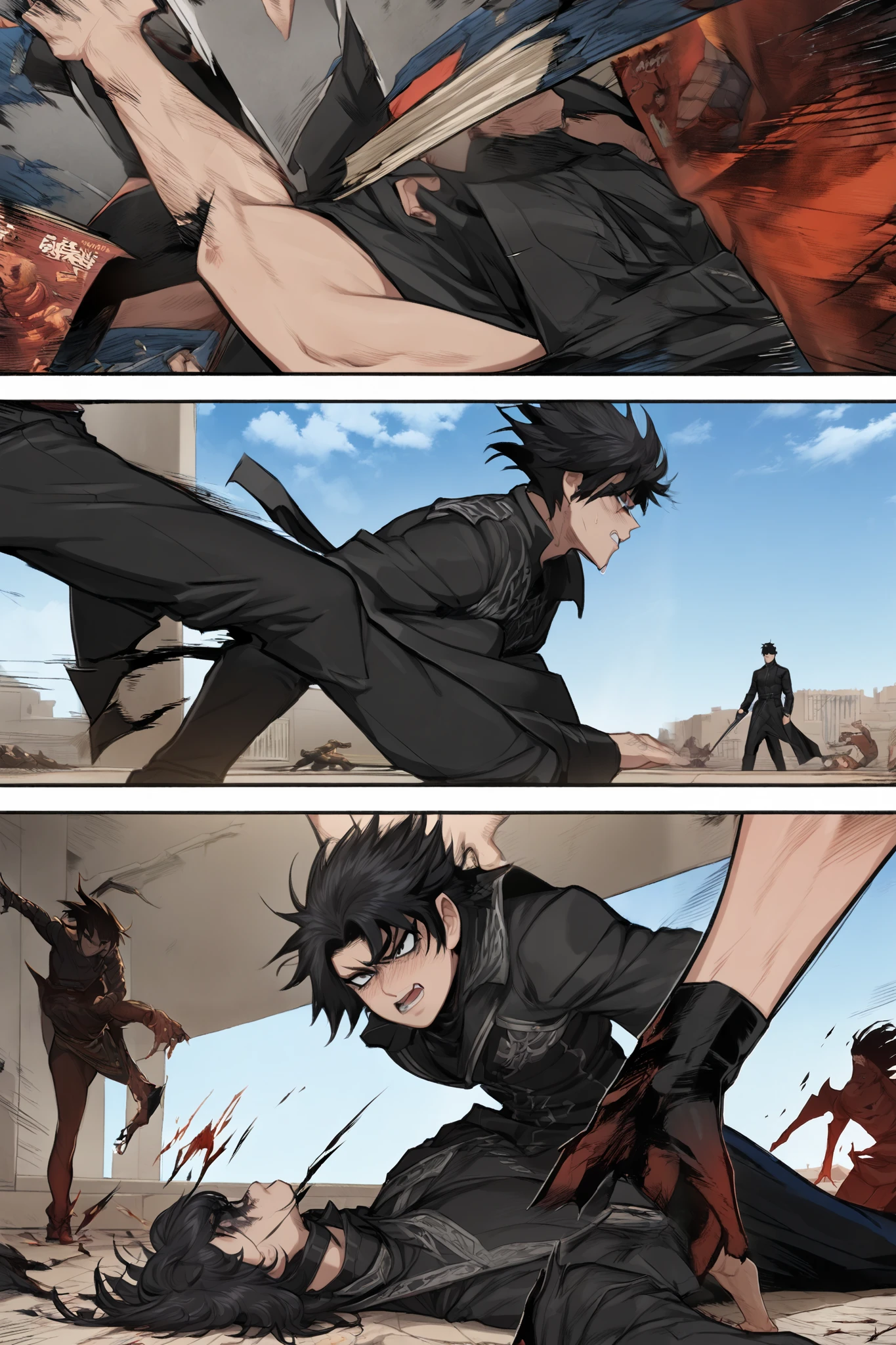  male character,  hair A black , Black outfit, blue sky scenery, Fighting a demon,(HD), (lots of details), manga, comic book style, fighting poses ,(Perfect anatomy).In the second frame the character is lying on the floor injured, (details)