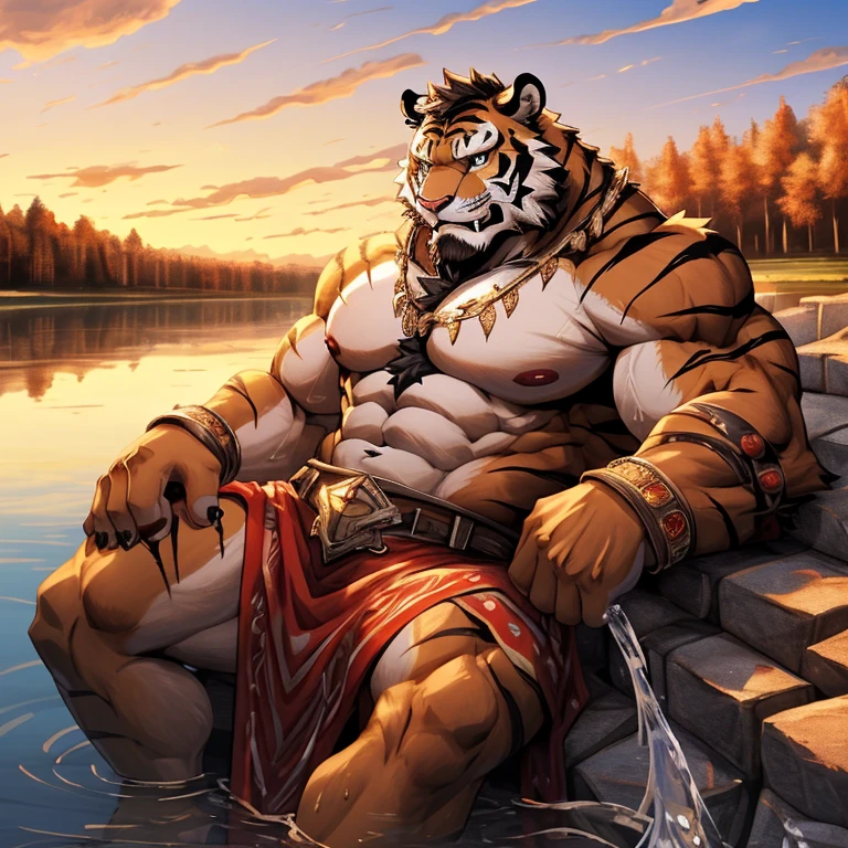 (masterpiece:1),(best quality:1),(ultra detailed:1),(realistic:1),Bright screen,cowboy shot,(solo),(1boy),black hair,Whiskers,(furry:1.3),male focus,(tiger head,:1),(muscular male:1.3), (thick thighs:1.5),(thick arms:1.1),bara,(big belt),(Thick body hair:1.4),big pectorals,(light eyes:1),(mature male),(tall:1.4),(pelvic curtain:1.3),Bright sunshine,(winding stream:1.5),(lake:1.5),wet,(lie down in to water:1.2),(Blue sky and white clouds:1).