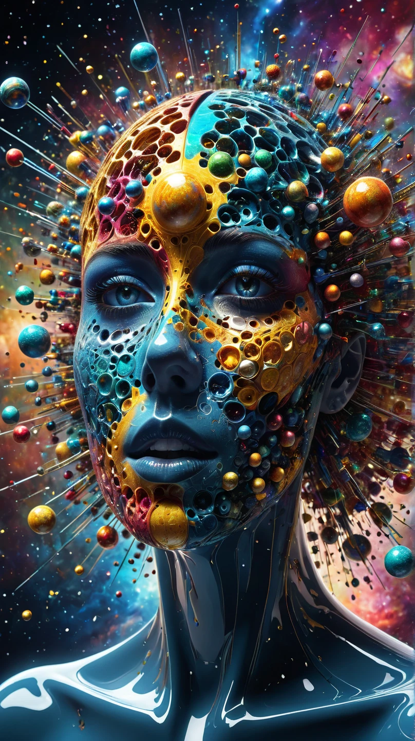 Beautiful sexy 25-year-old woman, full body symmetrical with thick brushstrokes and wet paint, Fibonacci, golden ratio, surrounded by crystal spheres, 3D metal structure tessellation, neural graph, neurons, color, love, passion, incredibly detailed, 8k, masterpiece, artstation, surreal, in blue