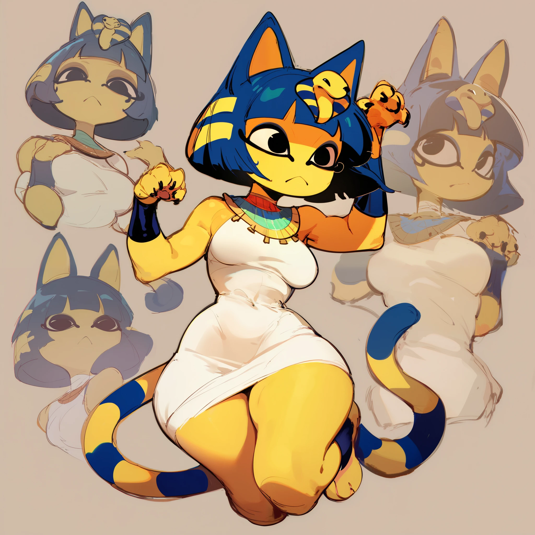 ankha, girl, solo, furry, black eyes, sadly eyes, yellow skin, white dress, two-tone hair, snake hair ornament, cat tail, cat ears, medium breasts, wide hips, full body, sketch