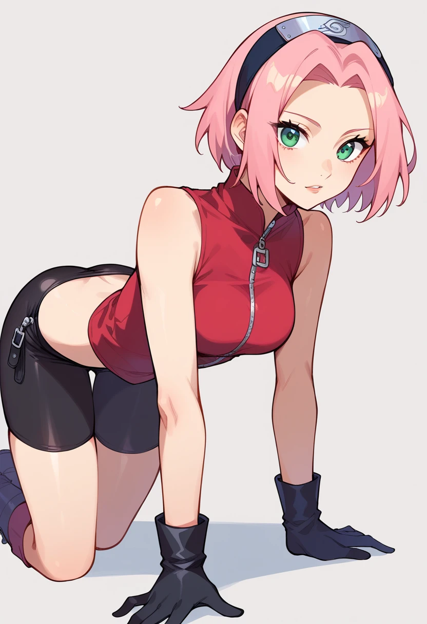 Sakura Haruno,  sexy,  stand on all fours,  short hair,  green eyes,  pink hair,  split bangs ,  headband, Forehead protector,  gloves,  green eyes,  sleeveless, black  gloves,  red shirt, zipper,  boots,  bike shorts that are close to face, zipper,  Topless footwear  , Slender, thin.  sexy,  stand on all fours on her elbows.View from behind、Butt、