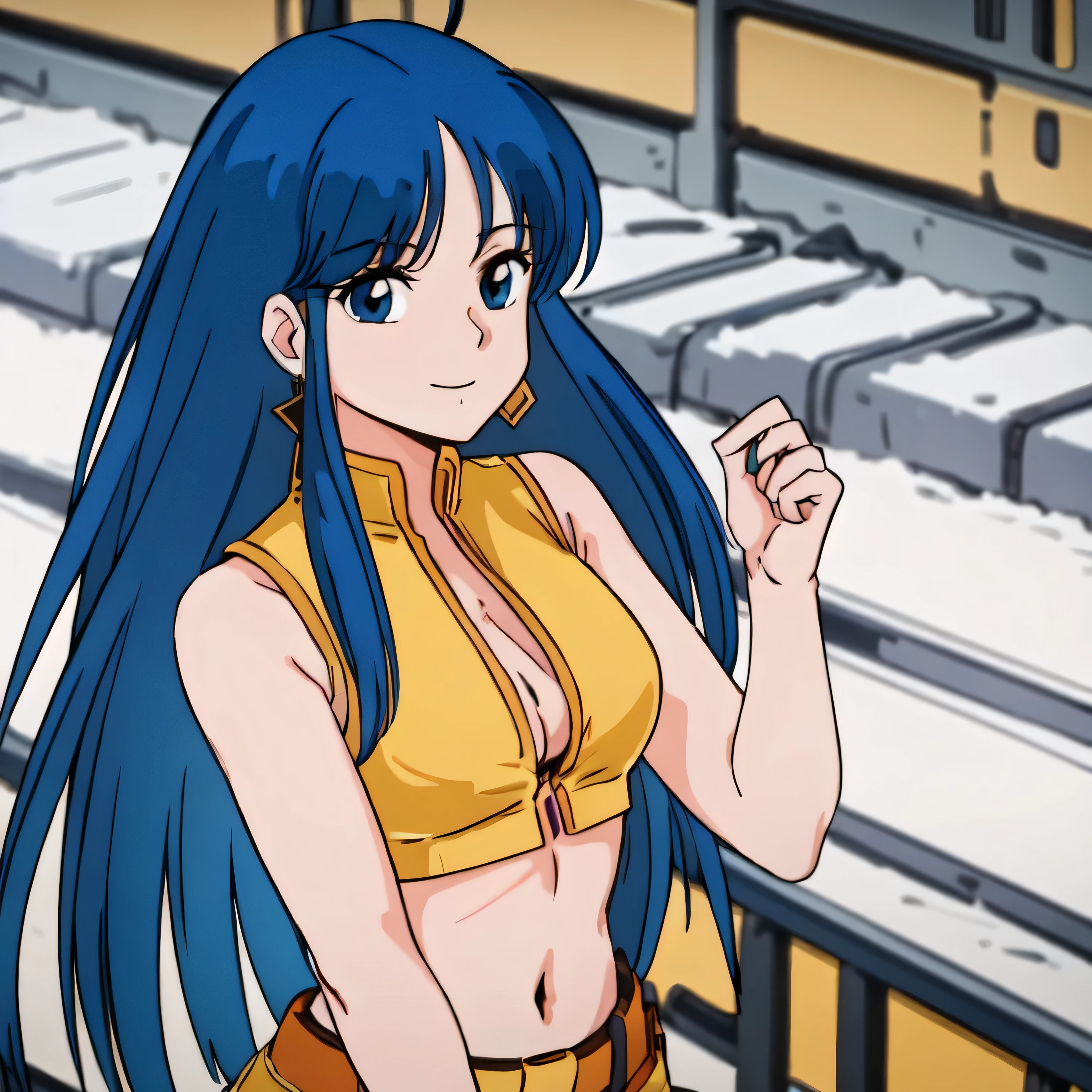   masterpiece  , High Quality , ultra high definition,Alone, outdoors,
 watching viewers,smile,
Yuri, 1 girl in uniform,
 long hair, blue hair, earrings, blue eyes,
yellow crop top, Cleavage Cut Out , sleeveless,abdomen,