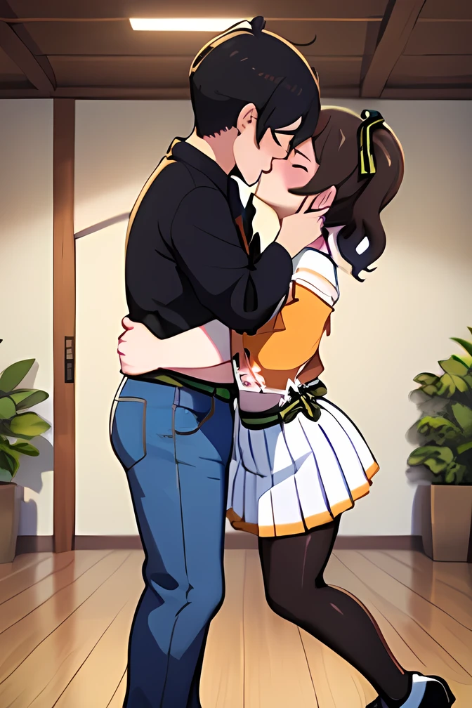 ((french kiss:1.4)),((Middle-aged couple)),(((indoor:1.3))),1 ((male:1.3)), short hair, black hair,Standard length, white t-shirt ,jeans,/ 2. woman ,((Summer Color Festival:1.3)),iris, soft lips ,Standard Height, side ponytail , White Pleated Skirt , pantyhose,