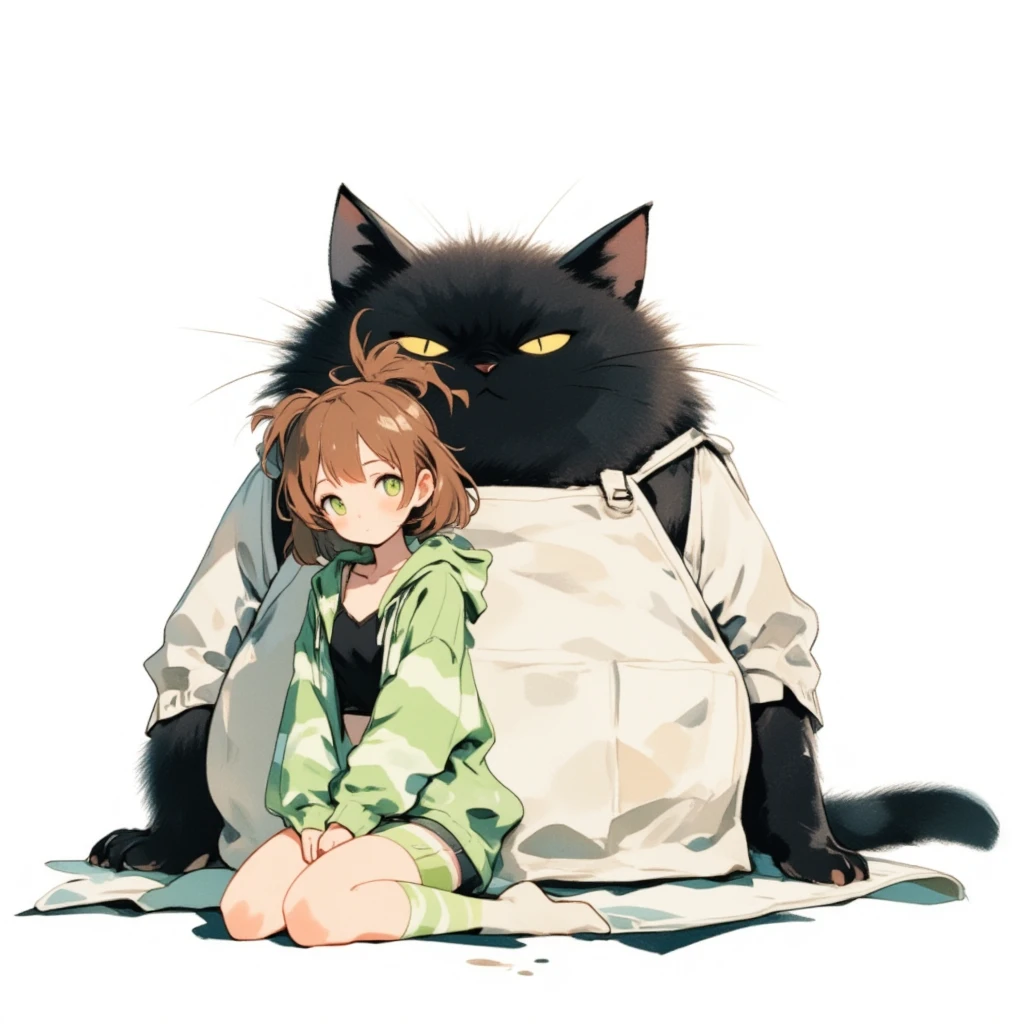 Watercolor painting illustration, full body, A big-black-cat and A cute-young-girl are sitting on cushion, A big-black-cat is 1cat\(A fat furry male black cat, wearing a white apron with long sleeves, His Ears tilted back and spread out to the sides, drooping ears, Slit yellow eyes, slit eyes, slit yellow eyes\), A cute-young-girl is 1girl\(brown hair, asymmetrical hair, updo, Lime Green eyes, A light green horizontal striped open-front hoodie over a black camisole, Light green striped shorts, White thigh high socks, wariza\), simple white background