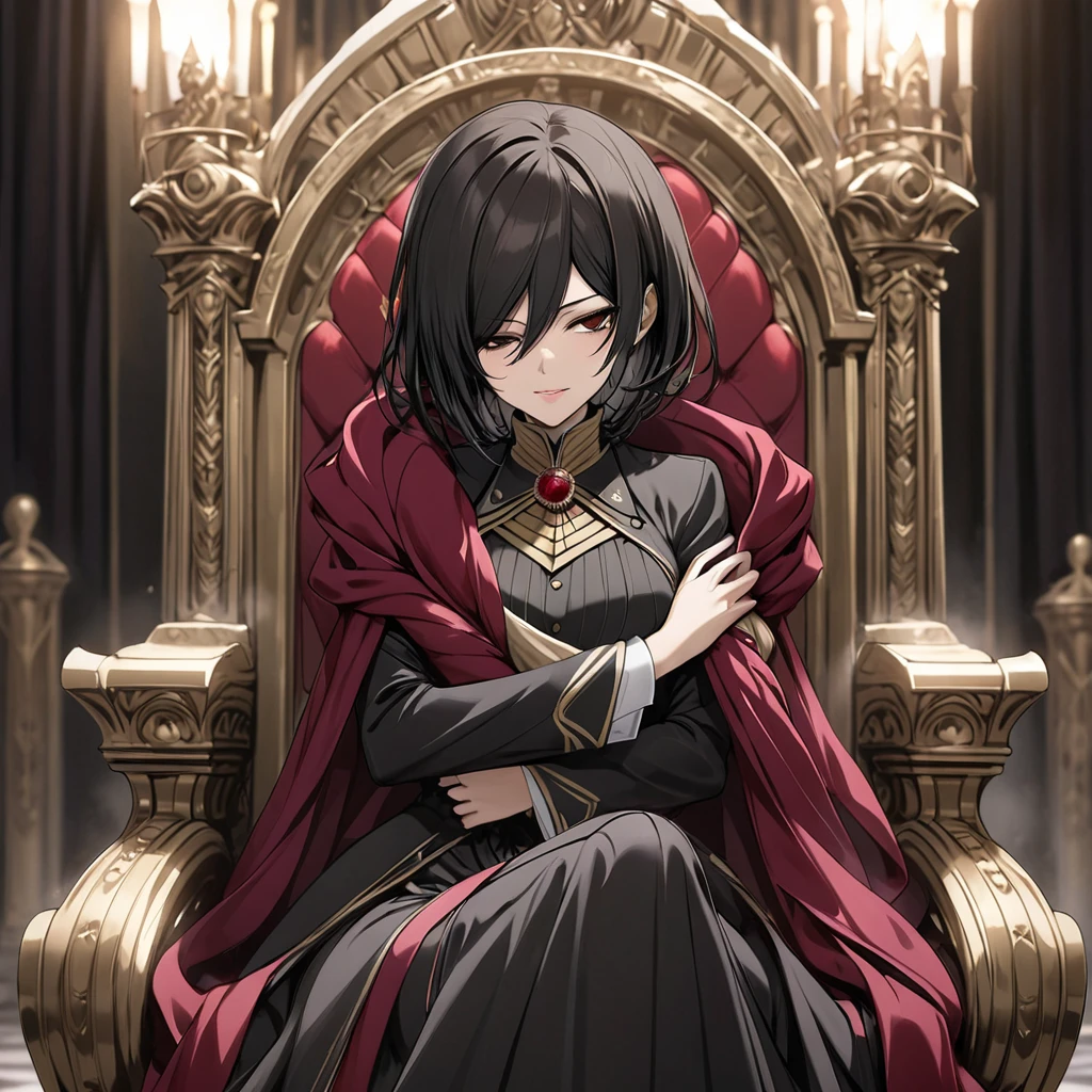 (1 mature woman with beautiful face) queen, black hair, throne, best anime artstyle, 4k illustration