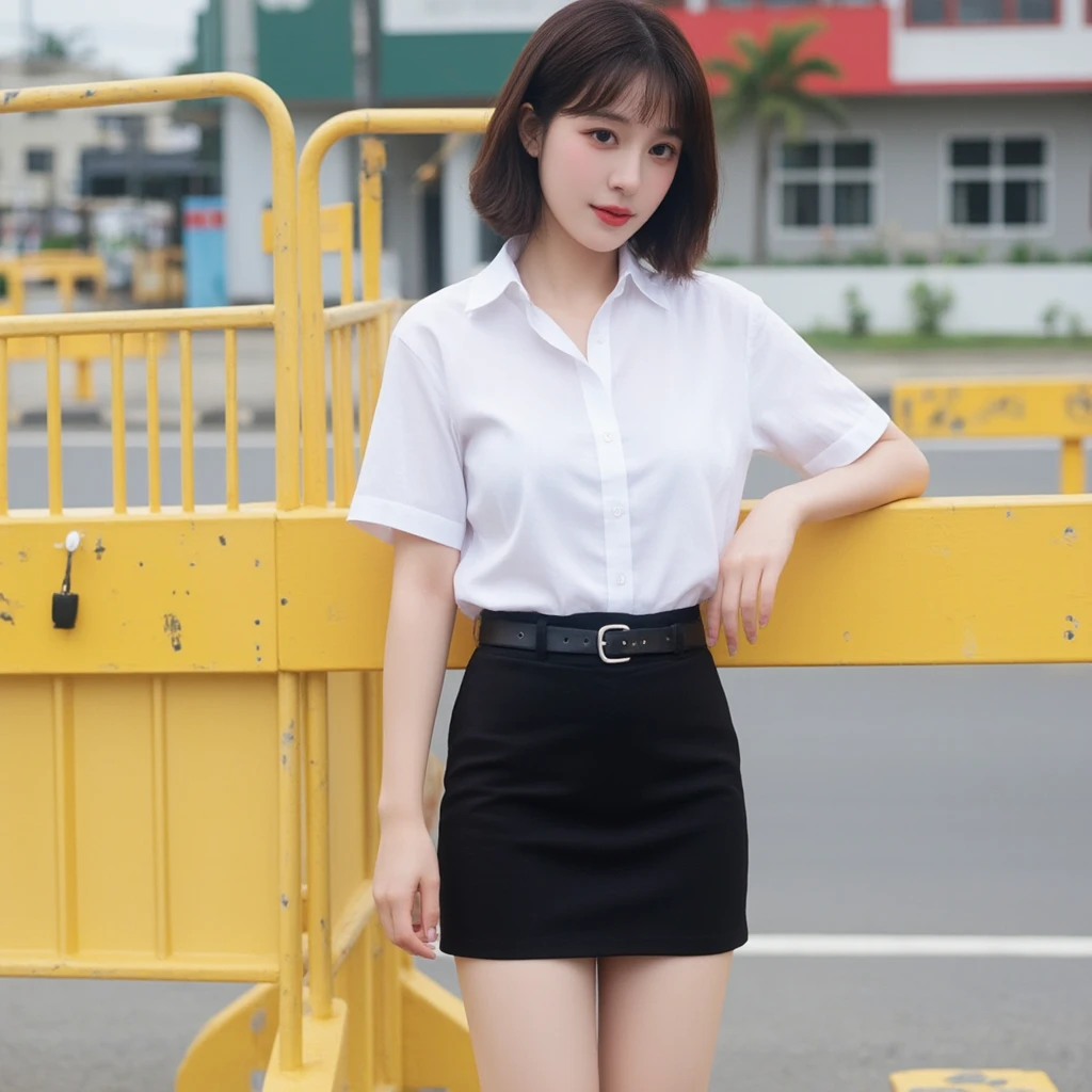 a Thai woman with short brown hair, wearing a short black pencil skirt and belt, showing her sexy thighs, wearing a white shirt short sleeves six white buttons, is standing in front of a yellow metal barricade. She is smiling, with a slight smile on her face. In the background, a building and road, adding a pop of color to the scene.