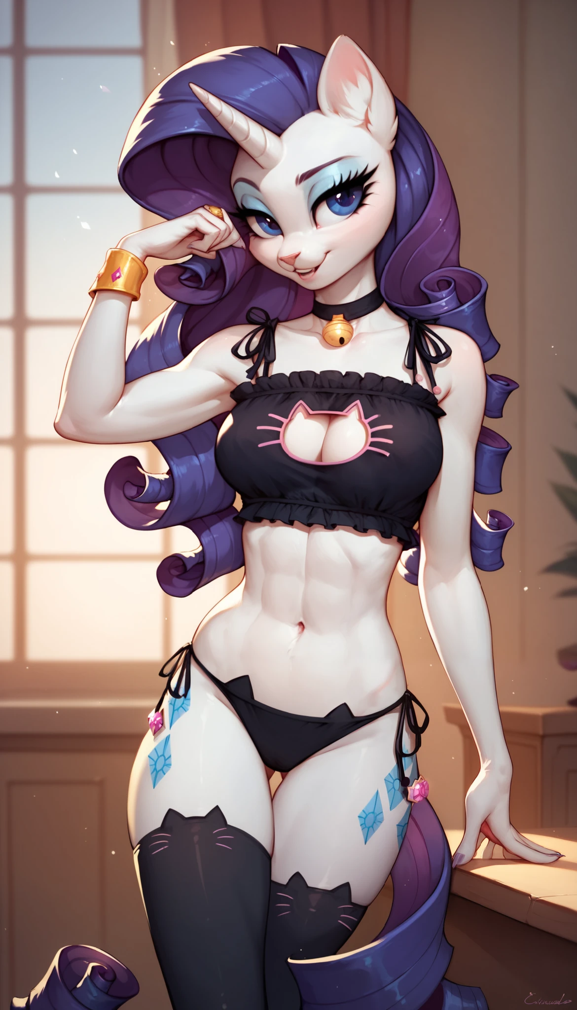 score_9, score_8_up, score_7_up, Rarity, mlp, anthro, 1girl, purple eyes, solo, two curly top hair with hair strands on the side, tight body suit, cat lingerie, sexy outfit, cat stockings, slim breasts, cleavage, jewellery, 1girl, solo, 