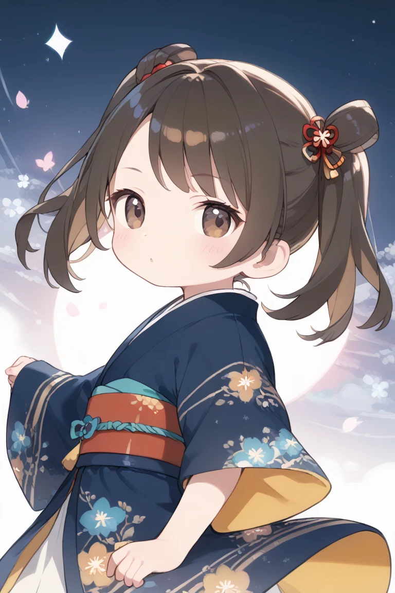 (1 chibi girl:1.3), cute, big droopy brown eyes, medium brown hair, twin tails, swept bangs,
kimono, looking away, standing, from behind, upper body,
dynamic pose, dynamic angle, dynamic lights, ukiyoe, (masterpiece, best quality, hyper detailed:1.2),