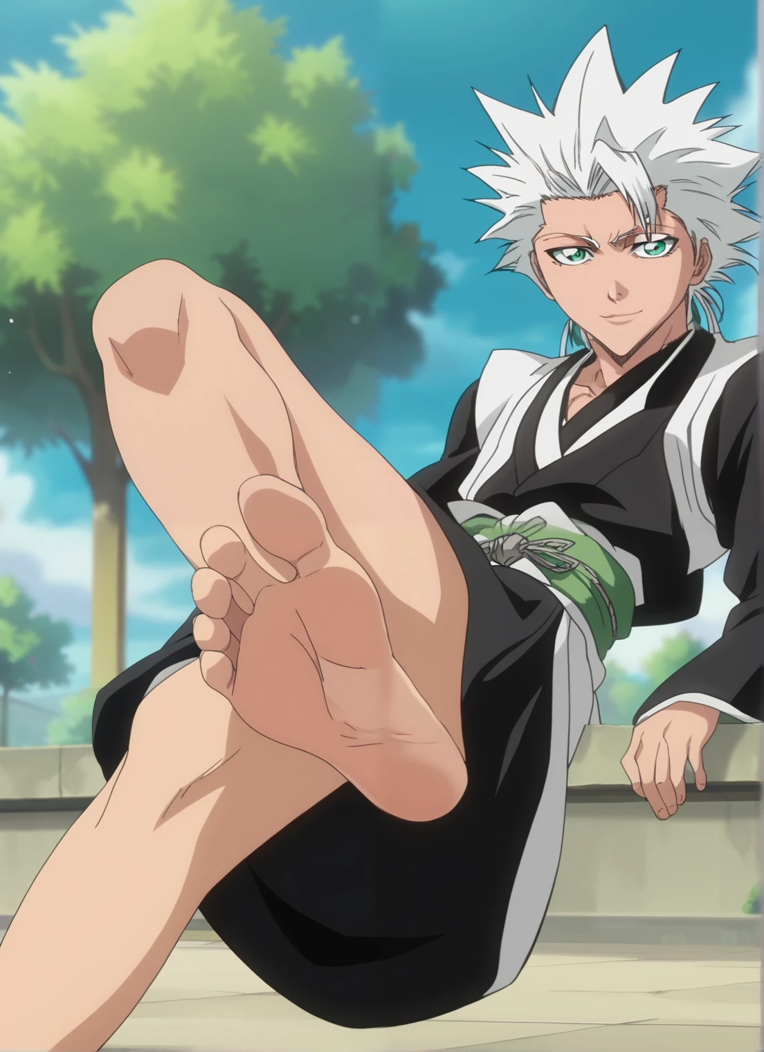 Score_9, score_8_up, source_anime, 1boy, Bleach, Toshiro Hitsugaya, big eyes, alone, looking at viewer, in a garden, sitting on the ground, low angle, lifting legs to show his soles, cowboy shot, ANIME SCREENCAP, anime coloring, barefoot, perfect feet, anatomically correct, soles, focal length 35mm, each foot has five toes, front, symmetrical soles, foot focus, smile

Hitsugaya is short, with turquoise eyes and short, spiked, white hair. He wears a standard sleeveless captain's haori with a black kimono with long sleeves and a green sash around his shoulders, held together by a round, star-like clip. The sash holds his Zanpakutō's sheath in place on his back and is tied to it at either end.