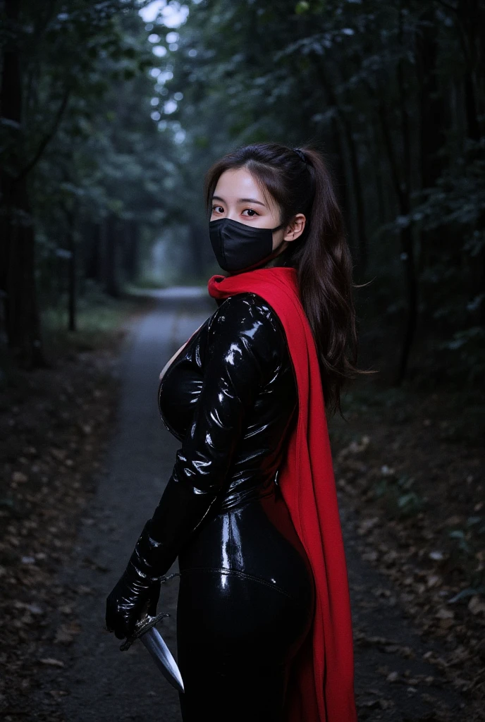 Create an image of Diana in her Blood Moon skin from League of Legends by Riot Games, no having clothes,dressed in a red and black demonic outfit with a sinister mask, holding a blood-red crescent blade, in a haunted, blood moonlit forest, have massive k-cups.
