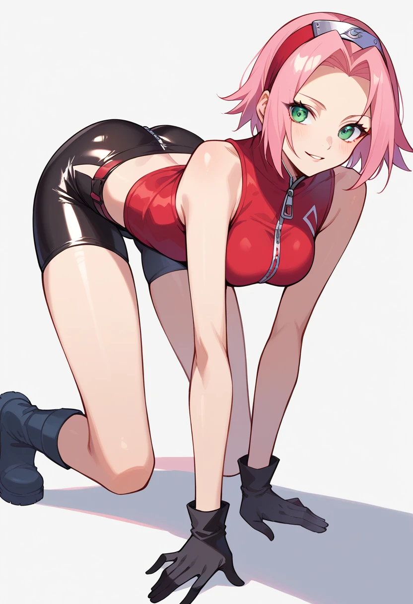 Sakura Haruno,  sexy,  stand on all fours,  short hair,  green eyes,  pink hair,  split bangs ,  headband, Forehead protector,  gloves,  green eyes,  sleeveless, black  gloves,  red shirt, zipper,  boots,  bike shorts that are close to face, zipper,  Topless footwear  , Slender, thin.  sexy,  stand on all fours on her elbows.View from behind、 point your butt in this direction 、 taken from behind