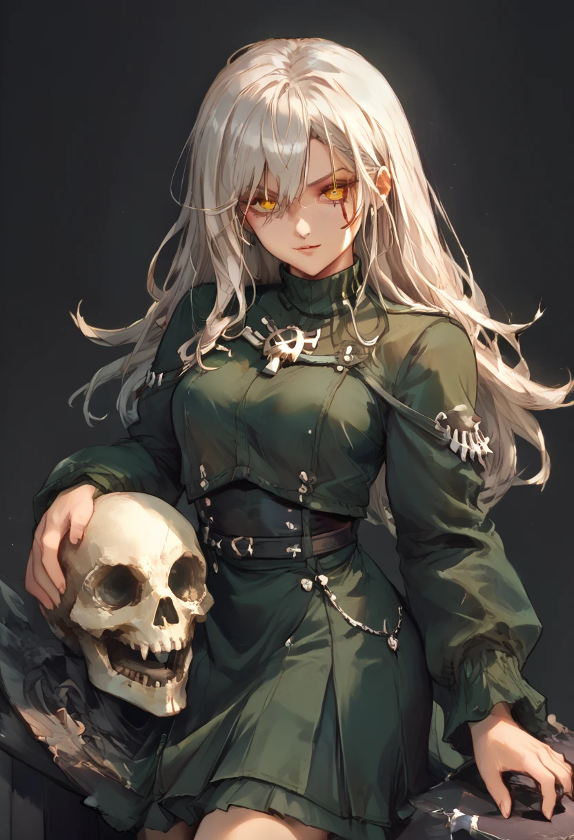 （（（perfect figure，figure，odelschwanck，green clothes，（（（in, long hair, facial mark, hair between eyes,  skull,skirt，yellow eyes））），S-shaped figure:1.7））），((masterpiece)),high resolution, ((Best quality at best))，masterpiece，quality，Best quality，（（（ Exquisite facial features，looking at the audience,There is light in the eyes，Happy，***********nterlacing of light and shadow，huge boobs））），（（（looking into camera，black background，）））