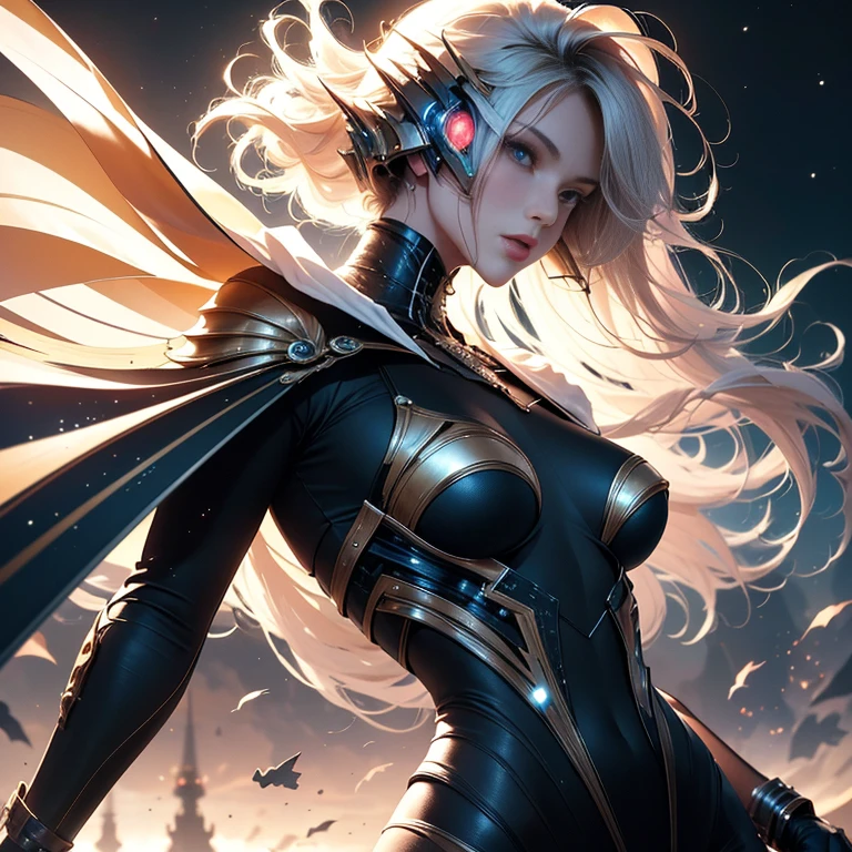 Foto de cor RAW altamente detalhada, mulher jovem bonita, cabelos loiros curtos, dynamic pose, (quadris largos), (pele detalhada), (Detailed lips), (Olhos detalhados), (cosmico: 1.4), (necropolis: 1.1), (sci-fi landscape) (Rosto detalhado), (Curvy), Roupas vermelhas, Olhos detalhados, chromatic aberration, profundidade de campo, soft lighting, master part, best quality, intricaens reflection: 0.7), (flowering: 0.7), particle effects, ray tracing, Mapeamento de tons, altamente detalhado, arte conceitual, liso, foco nítido, dramatic lighting, arte altamente detalhada, cinemactic, pintura hiper-realista, trending on ArtStation, 8k, incredible shadows, Realistic, (Antecedentes altamente detalhados: 1.2), Arte no meio da jornada
