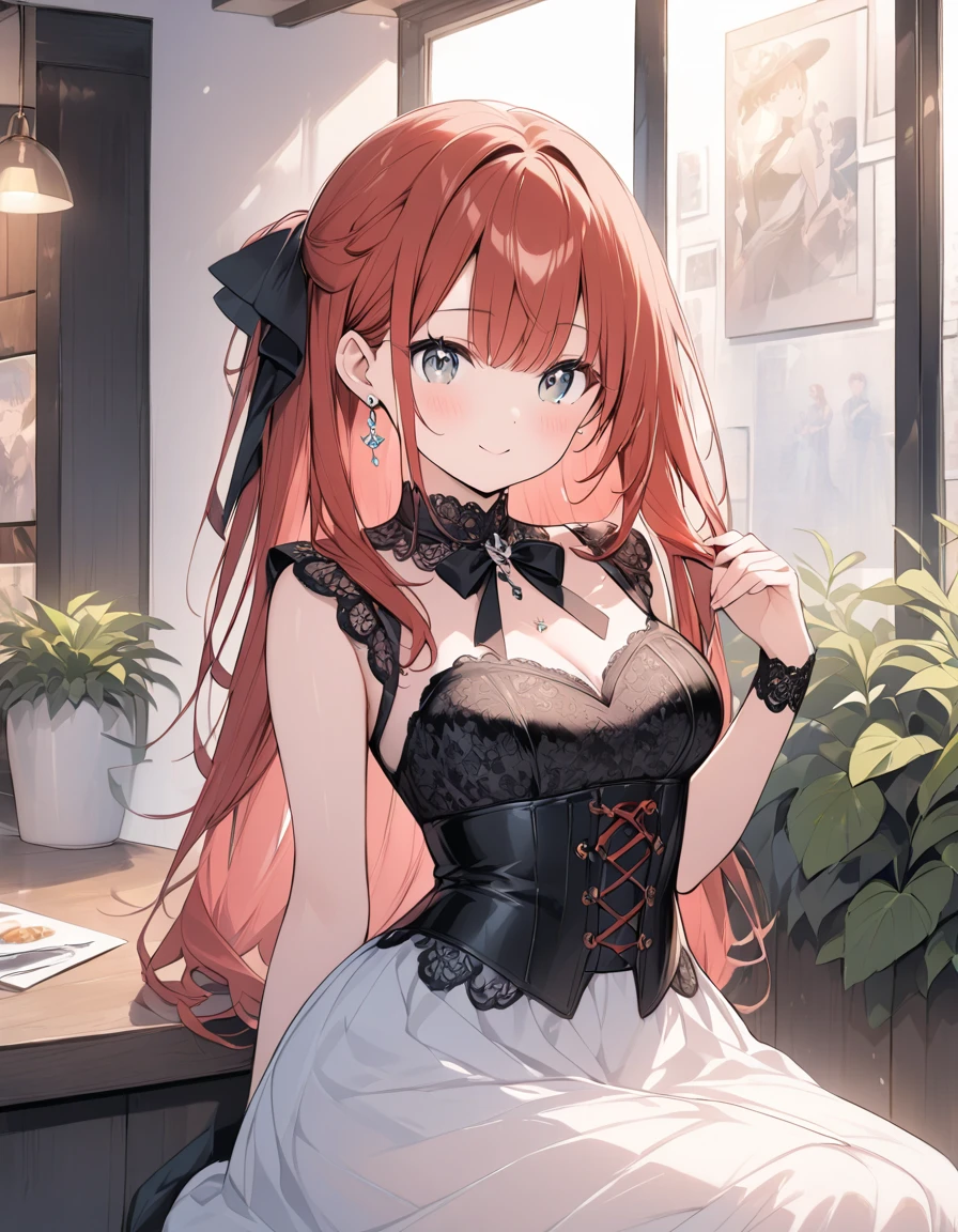   Pastel Art  、Thin line drawing、color、  Poster Designs  、 cute girl、  Chubby face 、 Sexually Attractive Look、 Red Hair、 Long Half Up 、 cute earrings、Sophisticated work、Delicate lace dress 、Waist corset、 Posing at a Cafe 、Guest Reception 