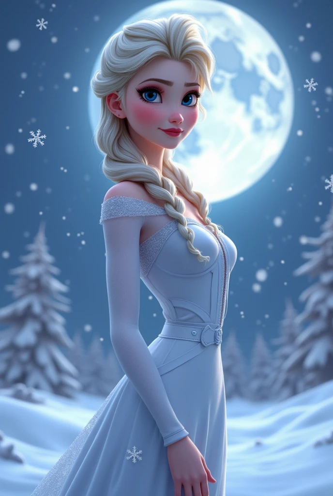 Elsa from Frozen. She is wearing a white fitted dress. Big breasts ...