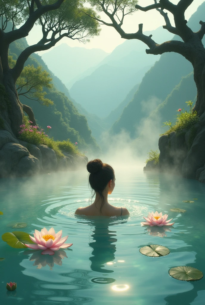 Huge open-air bath in the sky Hot spring Great view Highest quality ultra high resolution 8K masterpiece