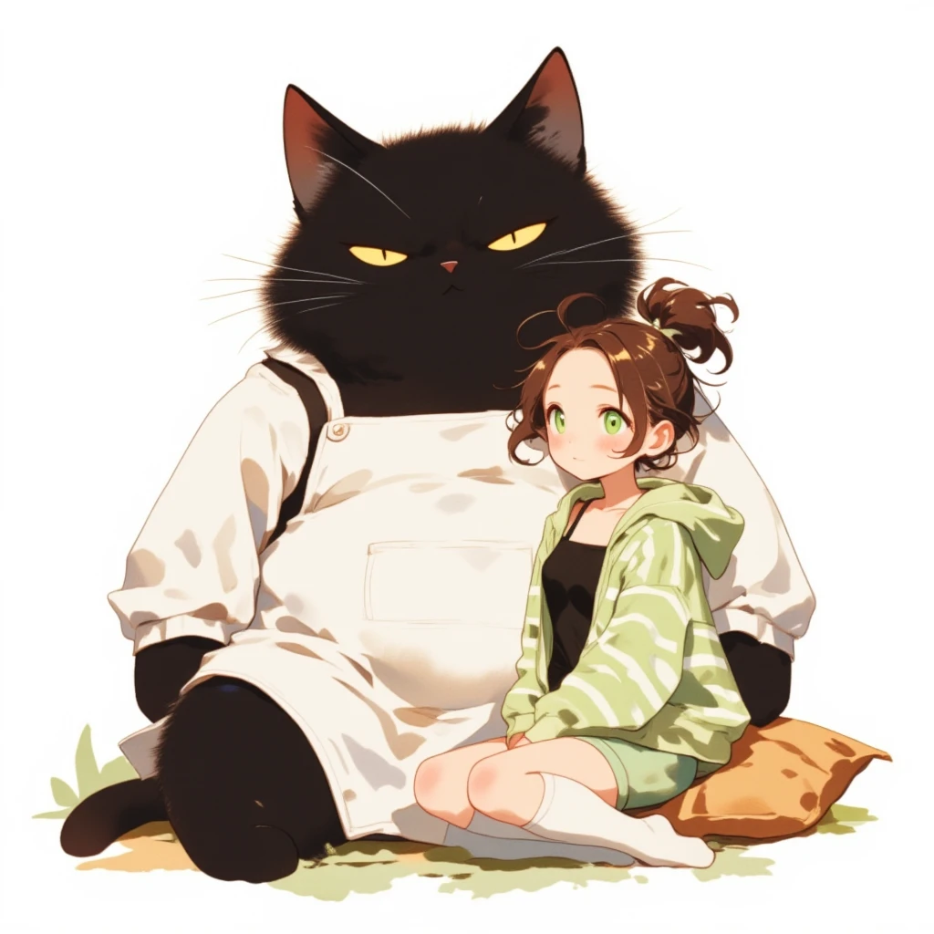 Watercolor painting illustration, full body, A big-black-cat and A cute-young-girl are sitting on cushion, A big-black-cat is 1cat\(A fat furry male black cat, wearing a white apron with long sleeves, His Ears tilted back and spread out to the sides, drooping ears, Slit yellow eyes, slit eyes, slit yellow eyes\), A cute-young-girl is 1girl\(brown hair, asymmetrical hair, updo, Lime Green eyes, A light green horizontal striped open-front hoodie over a black camisole, Light green striped shorts, White thigh high socks, wariza\), simple white background