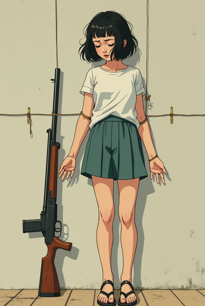 Make a 16 year old girl tied hand and foot with threads, and those threads are connected to a shotgun. I want the drawing style to be like that of 80s animes. The girl has to be tied to a wall, on tiptoe. I want the threads to be visible, and the girl is depressed.