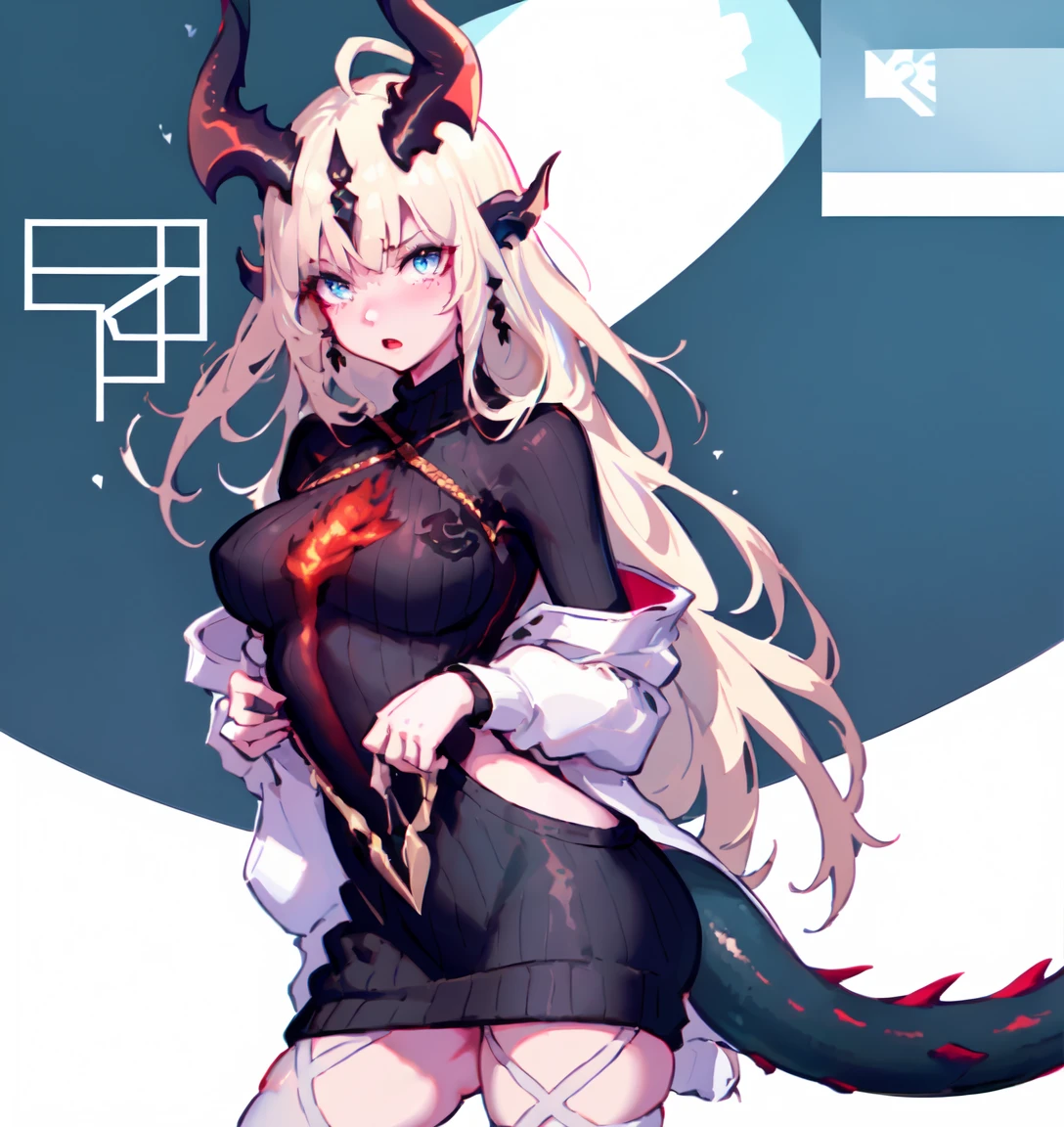 1girl, meme_attire, virgin_killer_sweater, tail, solo, breasts, horns, long_hair, english_text, backless_outfit, sweater, sideboob, dragon_tail, ass, dragon_horns, white_background, black_sweater, dragon_girl, simple_background, large_breasts, white_hair, backless_dress, naked_sweater, open_mouth, sweater_dress, bare_back, cowboy_shot, turtleneck, blush, cropped_legs, turtleneck_sweater, ribbed_sweater, bare_shouldersThe image shows an anime character with long blond hair and horns on his head. She is wearing tight-fitting dark clothes that are revealing. The character has a long tail that is visible in the foreground. The image contains the text: "Thank you, the tail is much more comfortable in these clothes, but don't you think it's too open?" This text suggests a playful concern about the character's attire.