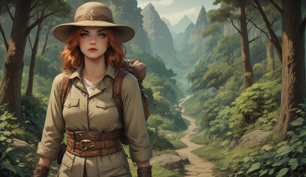 Vera a  girl, with vibrant green eyes and shoulder-length auburn hair,  hairstyle in soft waves . The character wears a wide-brimmed beige hat adorned with a subtle leaf pattern around the brim.. He wears a short-sleeved olive green safari jacket with rolled cuffs.,  the jacket has two chest pockets and is cinched around the waist with a brown belt that has a gold buckle. Below, a white shirt peeks out. The character wears brown calf-high boots with laces and darker brown soles.. on the back, He carries a small rustic brown leather backpack secured with straps over his shoulders. The overall appearance suggests an adventurous spirit. You are exploring a dense forest , walking on a path.