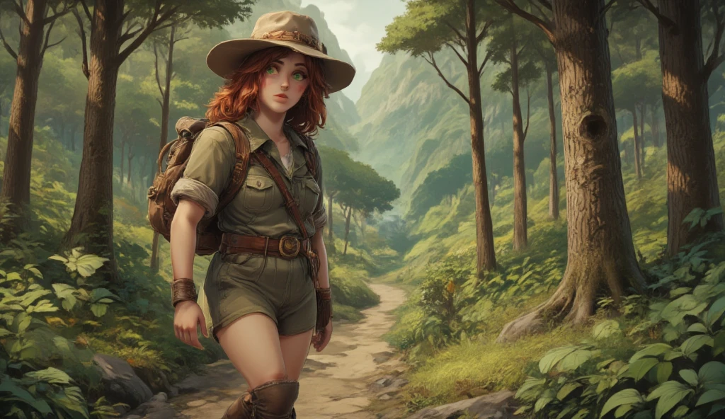 Vera a  girl, with vibrant green eyes and shoulder-length auburn hair,  hairstyle in soft waves . The character wears a wide-brimmed beige hat adorned with a subtle leaf pattern around the brim.. He wears a short-sleeved olive green safari jacket with rolled cuffs.,  the jacket has two chest pockets and is cinched around the waist with a brown belt that has a gold buckle. Below, a white shirt peeks out. The character wears brown calf-high boots with laces and darker brown soles.. on the back, He carries a small rustic brown leather backpack secured with straps over his shoulders. The overall appearance suggests an adventurous spirit. You are exploring a dense forest , walking on a path.